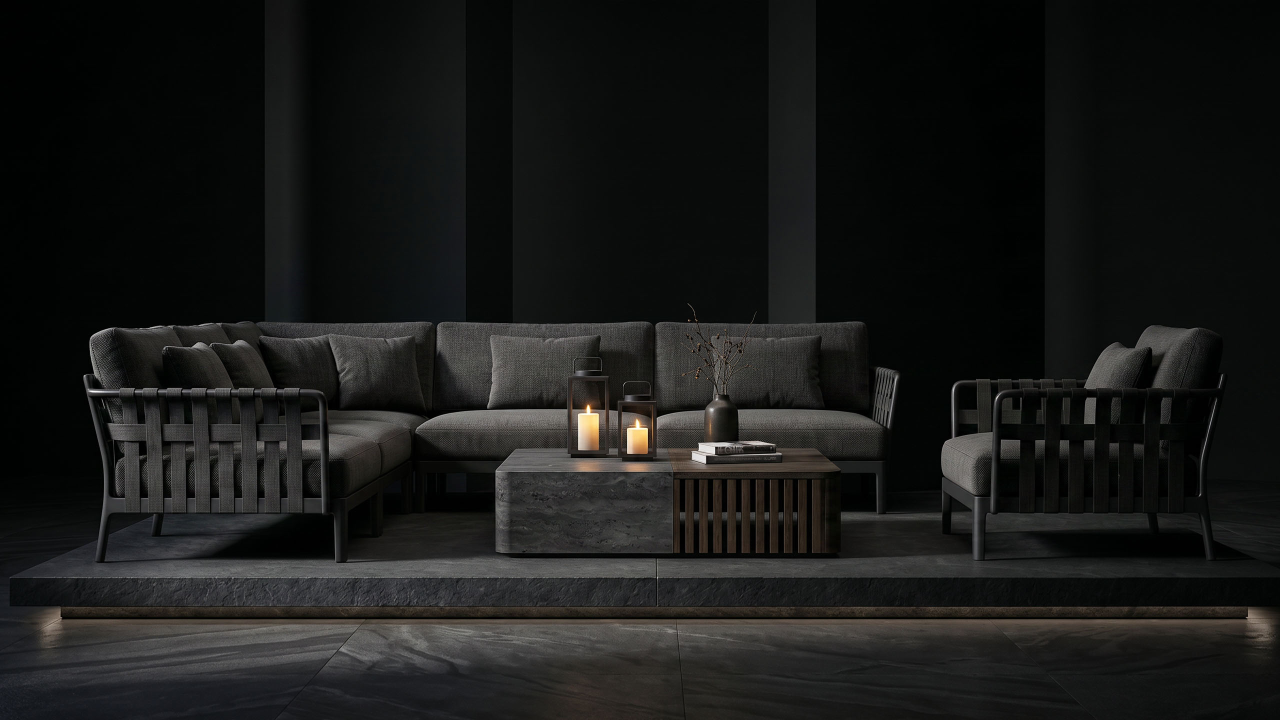 Product visualization of luxury outdoor furniture in a dark cinematic studio scene