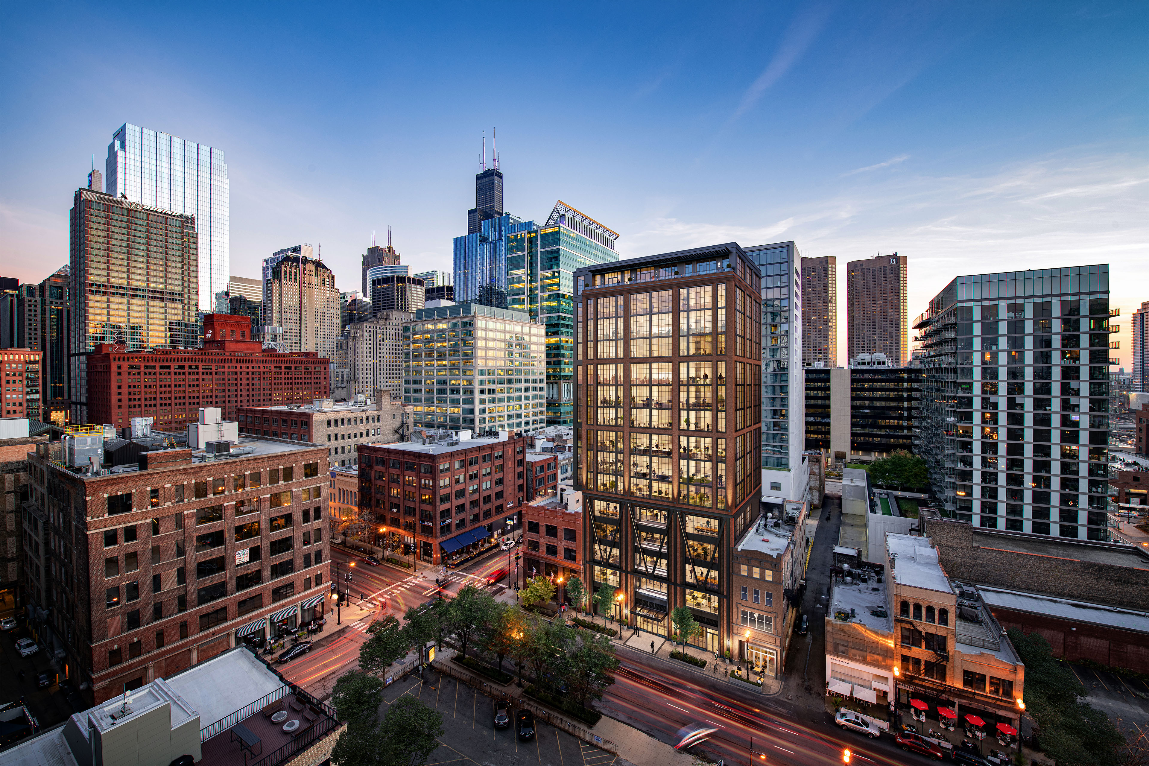 609 W. Randolph office building in the Chicago skyline
