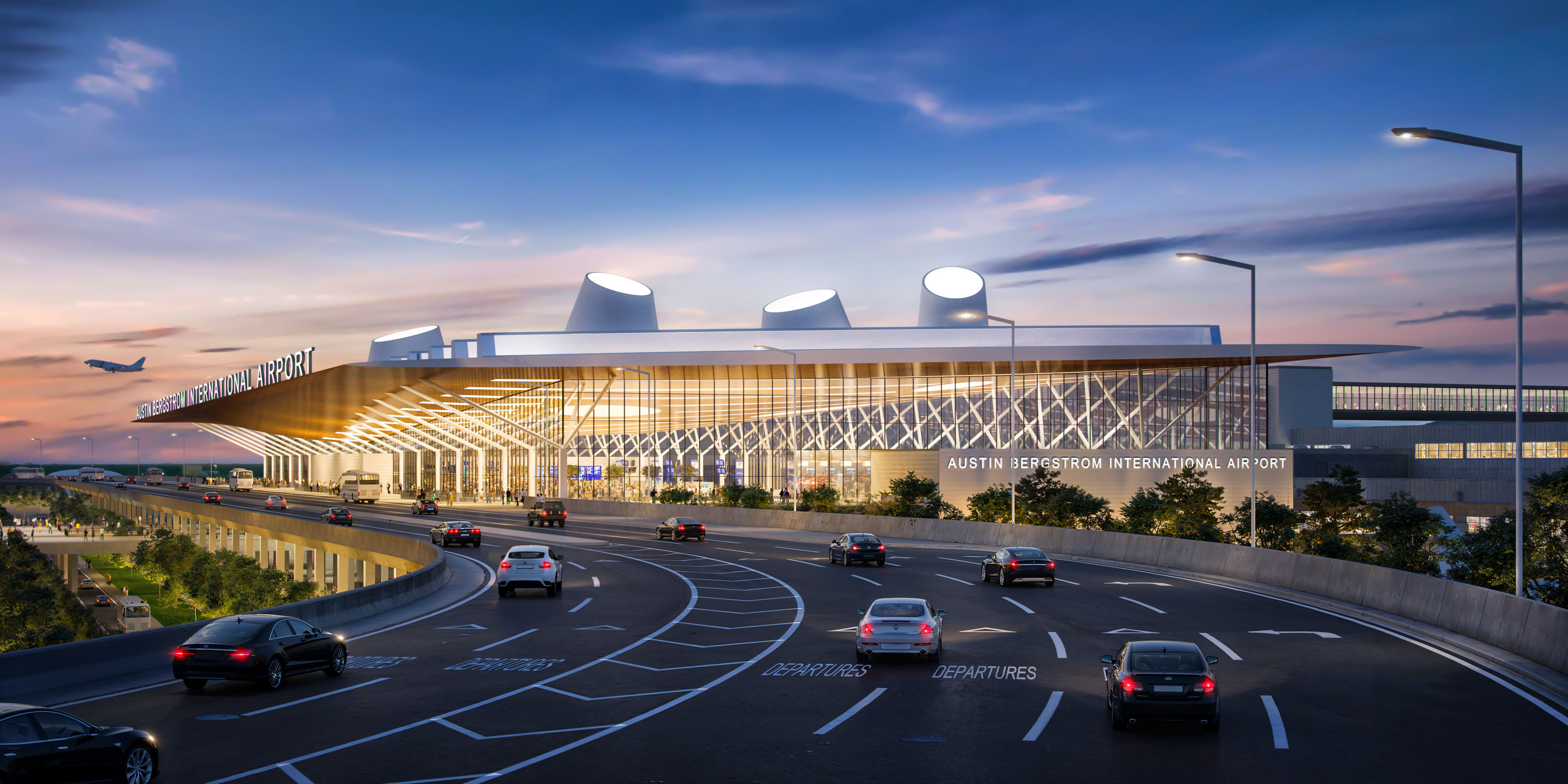 Austin-Bergstrom International Airport terminal exterior at dusk