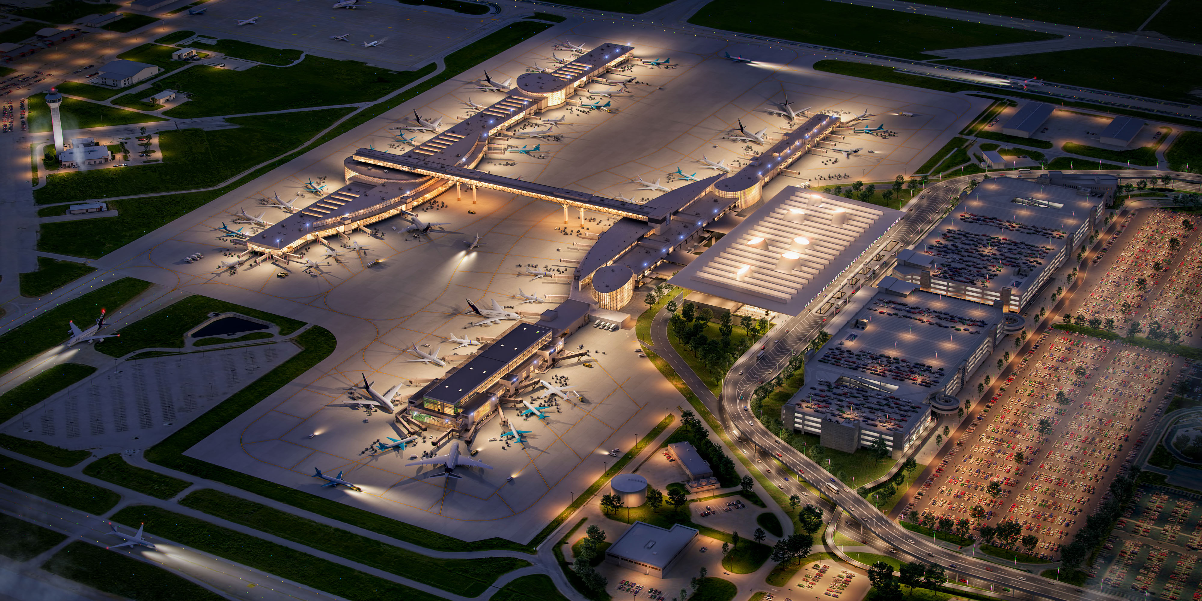 Austin-Bergstrom International Airport aerial view at night