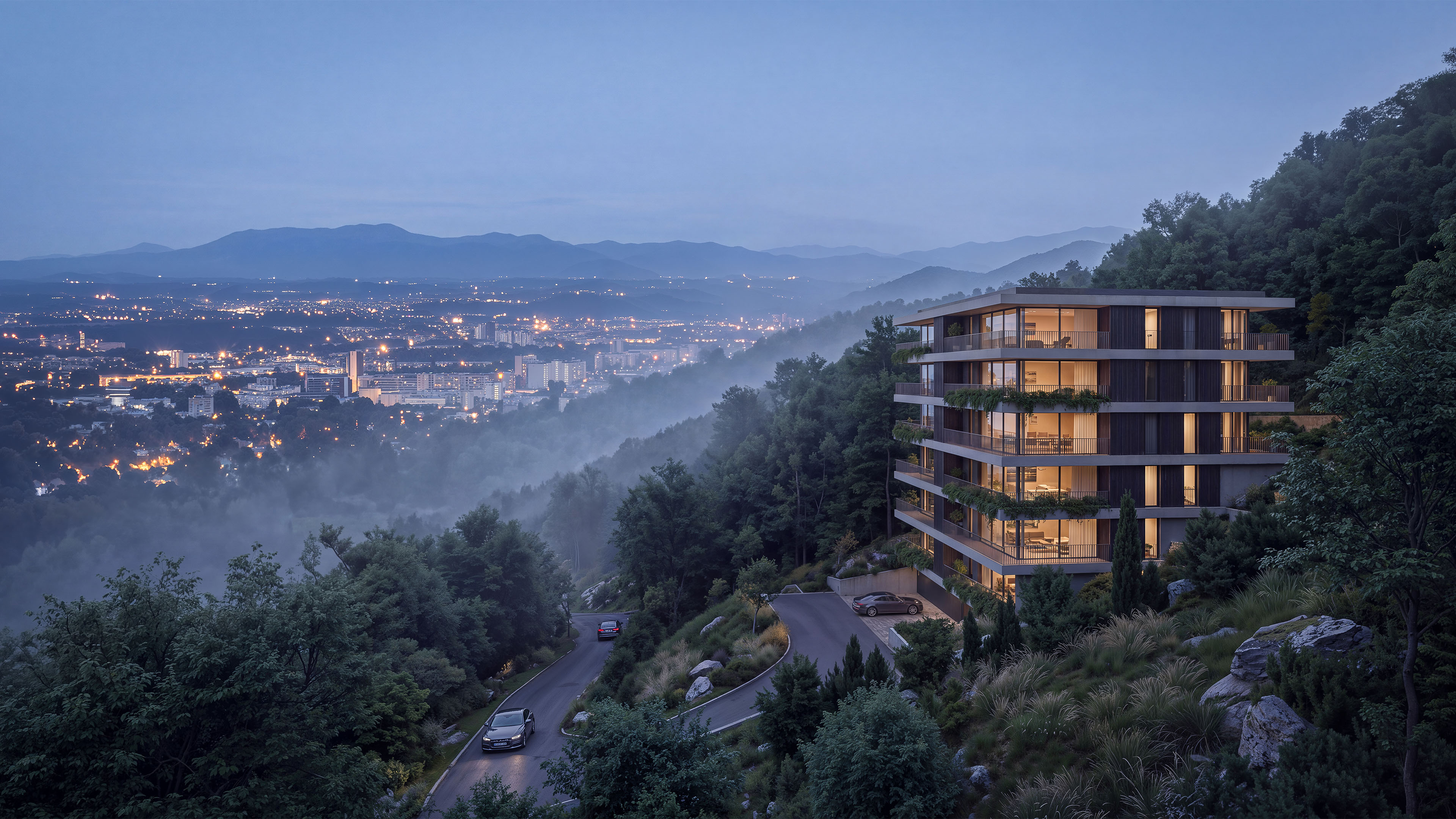 Altura Ridge residential building on forested hillside in Lugano