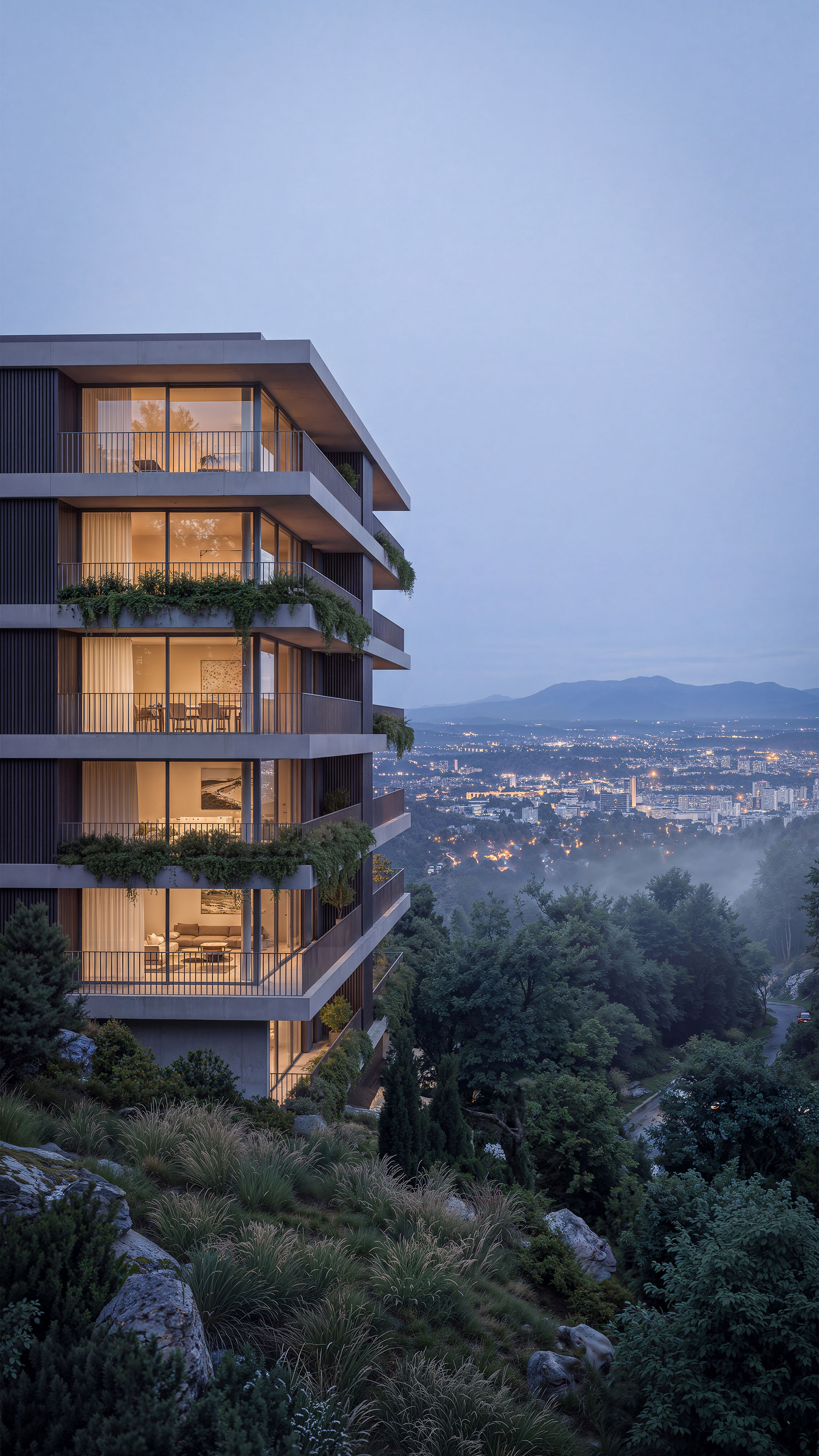 Altura Ridge luxury apartments overlooking Lugano at dusk