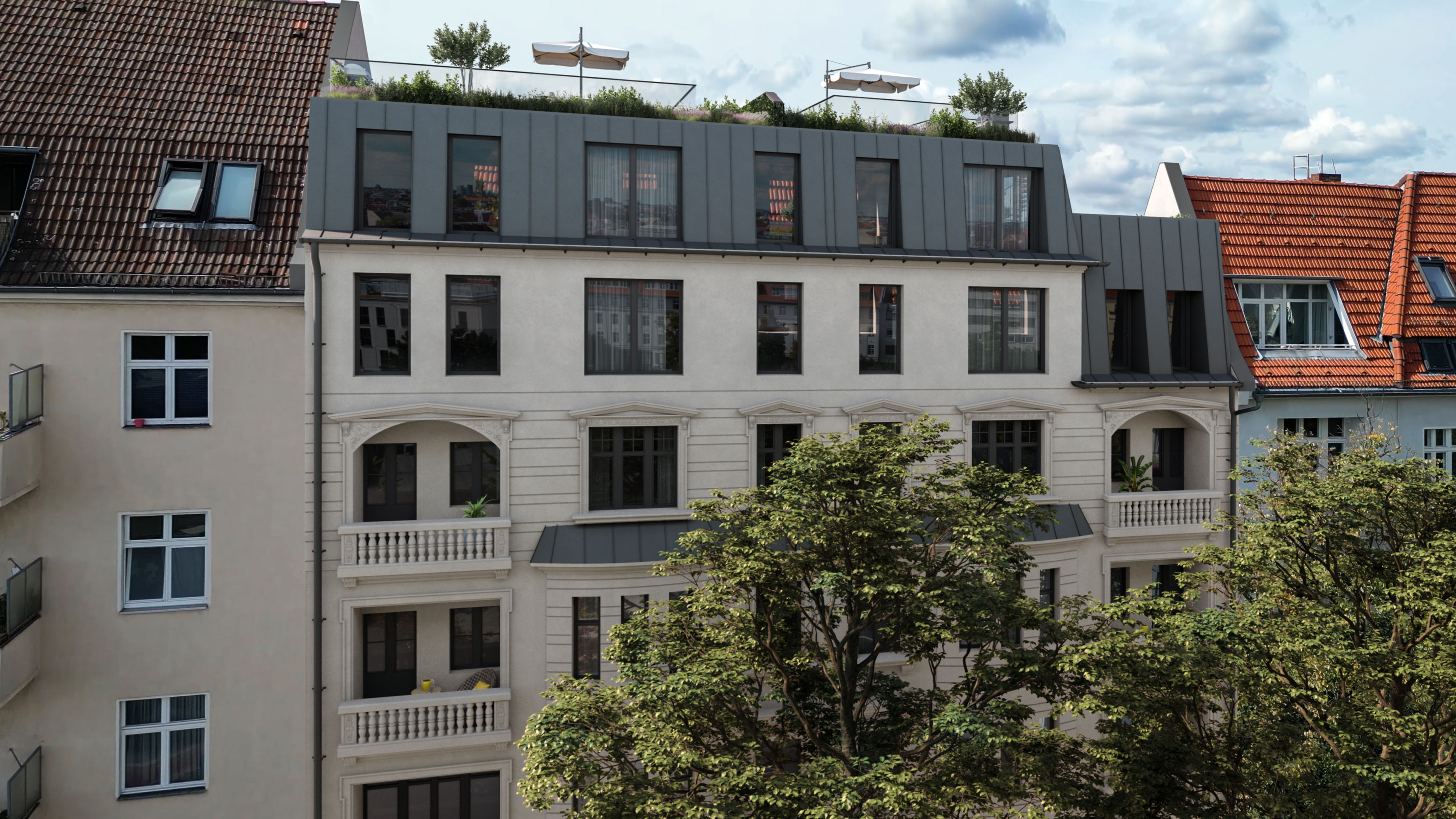 Bar 31 historic residential facade with modern rooftop addition in Berlin