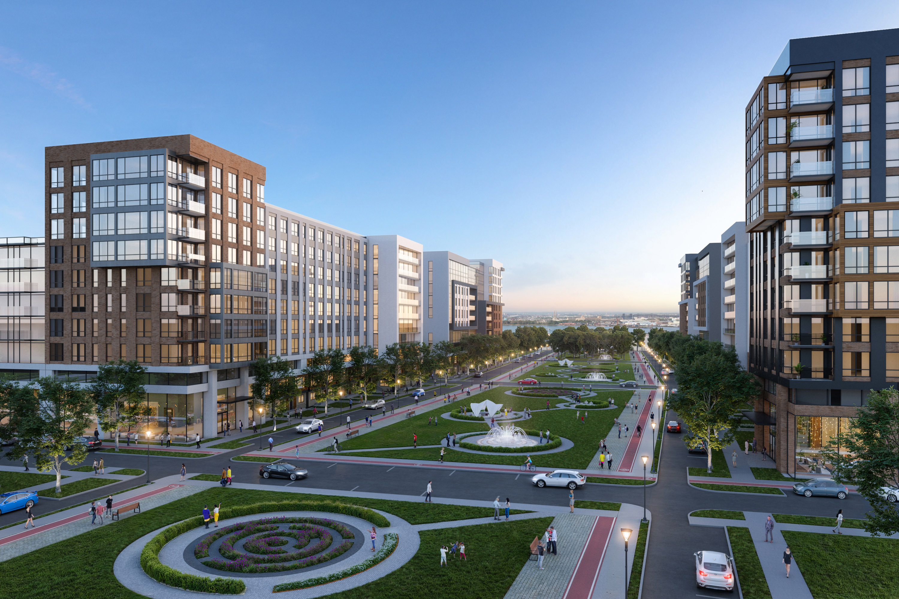 Cove Pointe landscaped public space and residential architecture