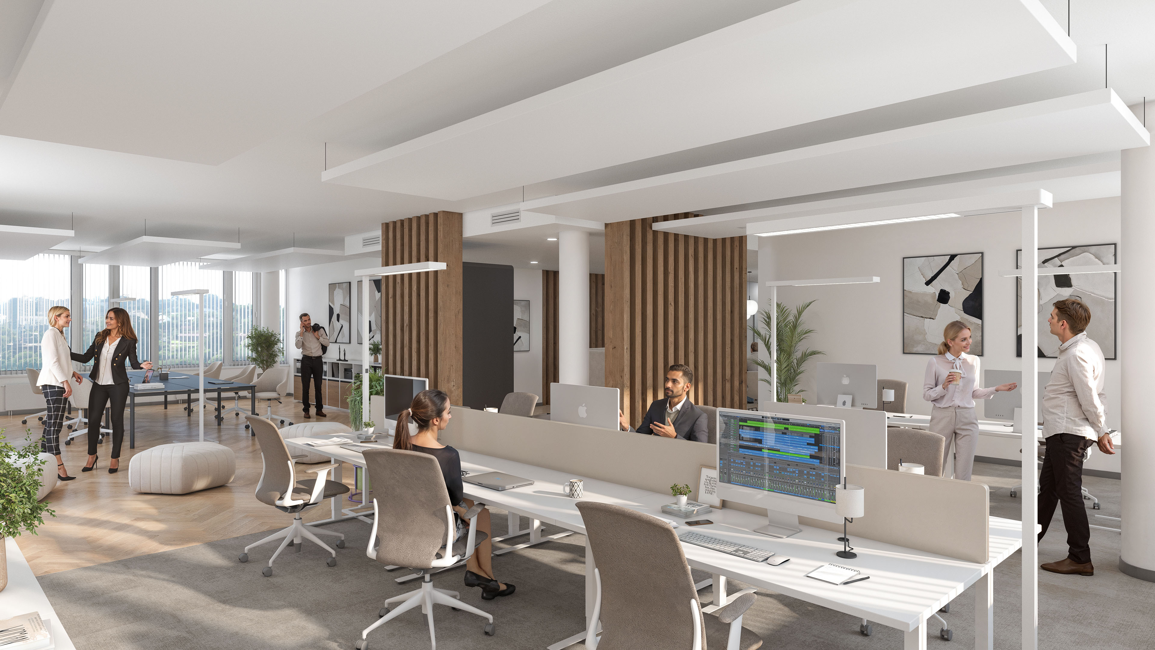 Frames flexible office workspace with modern workstations