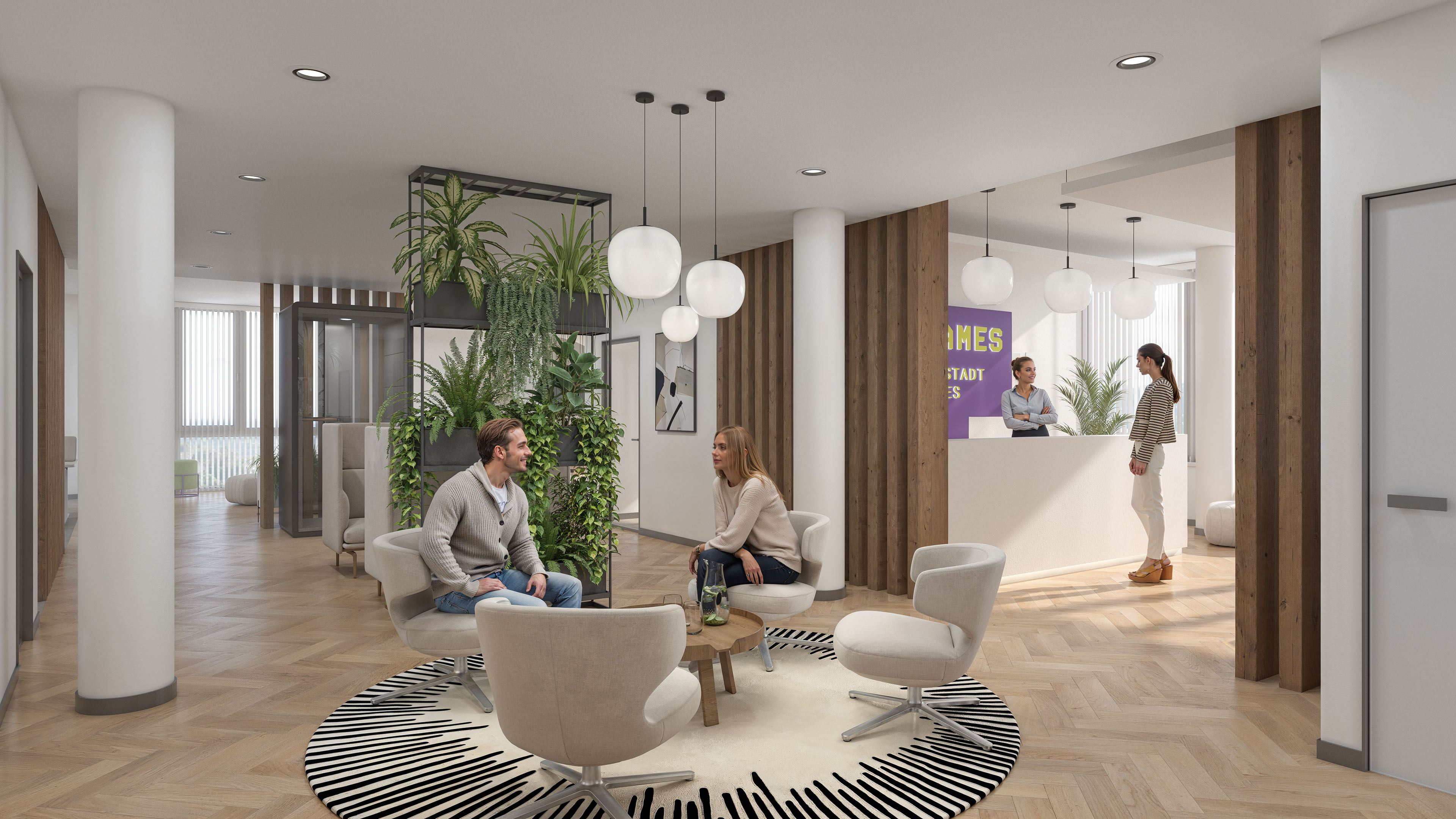 Frames office lounge and reception area with integrated greenery