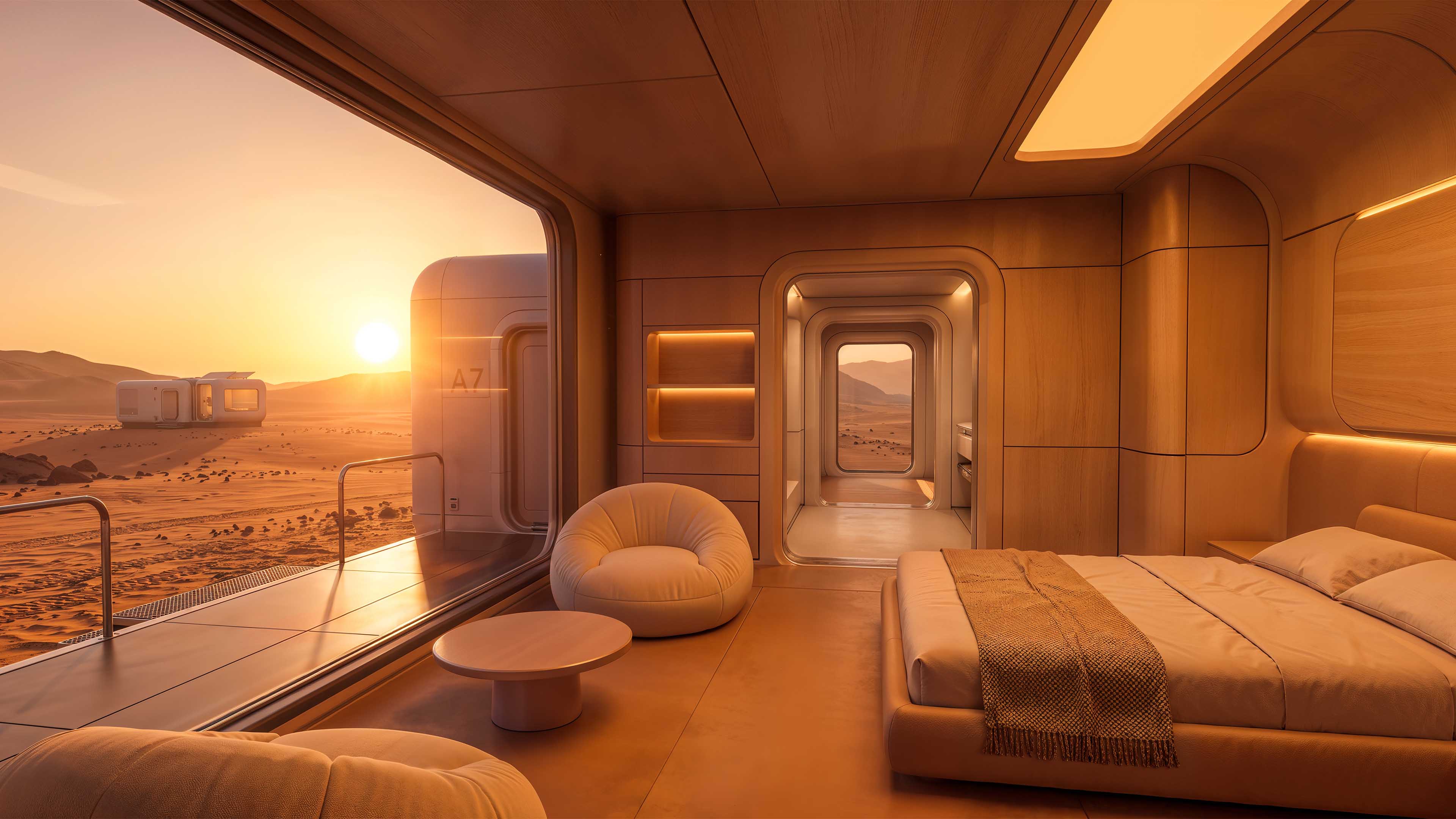 A7 Habitat interior with panoramic view of Mars at sunset