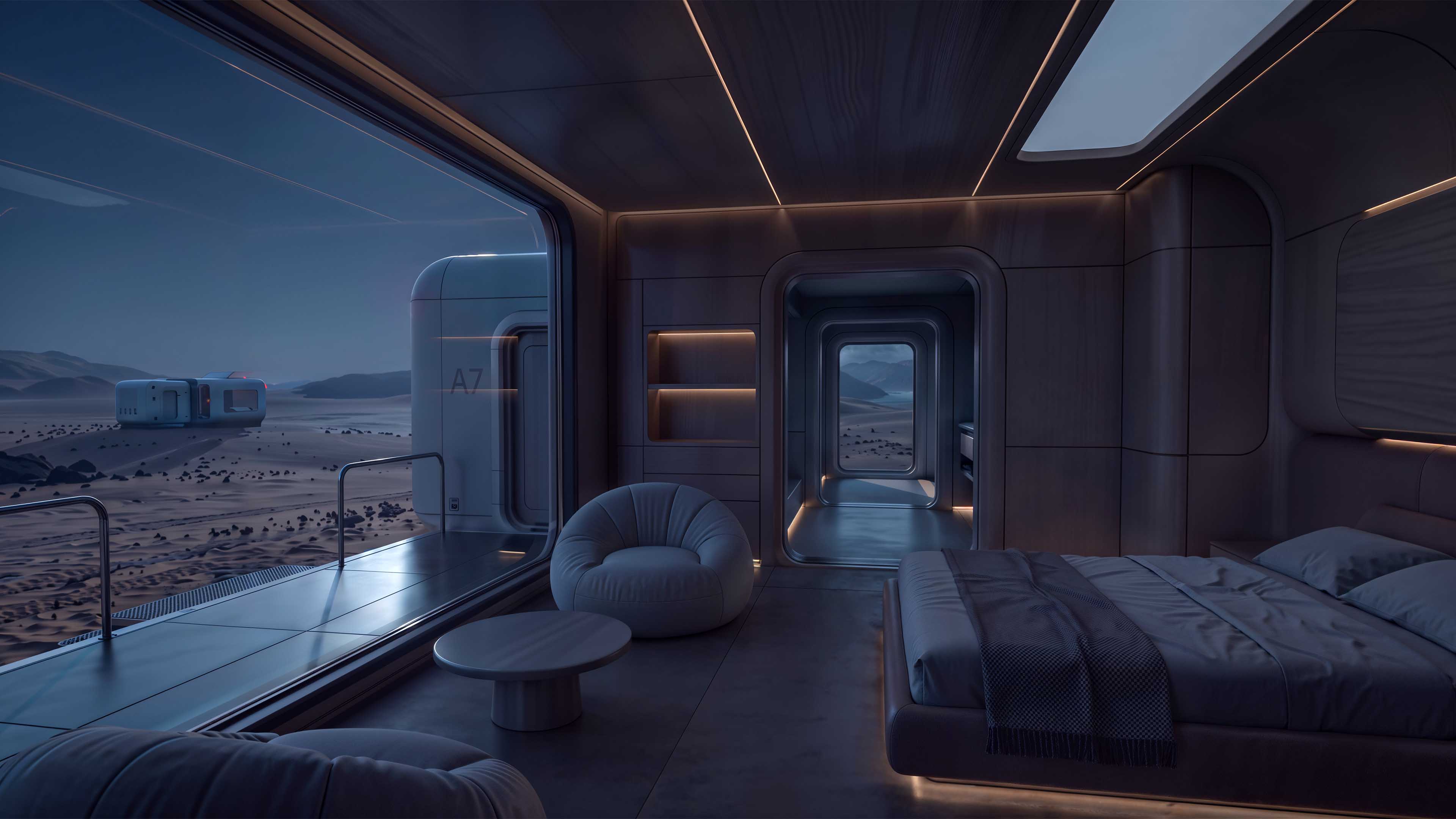 A7 Habitat futuristic bedroom interior on Mars at night
