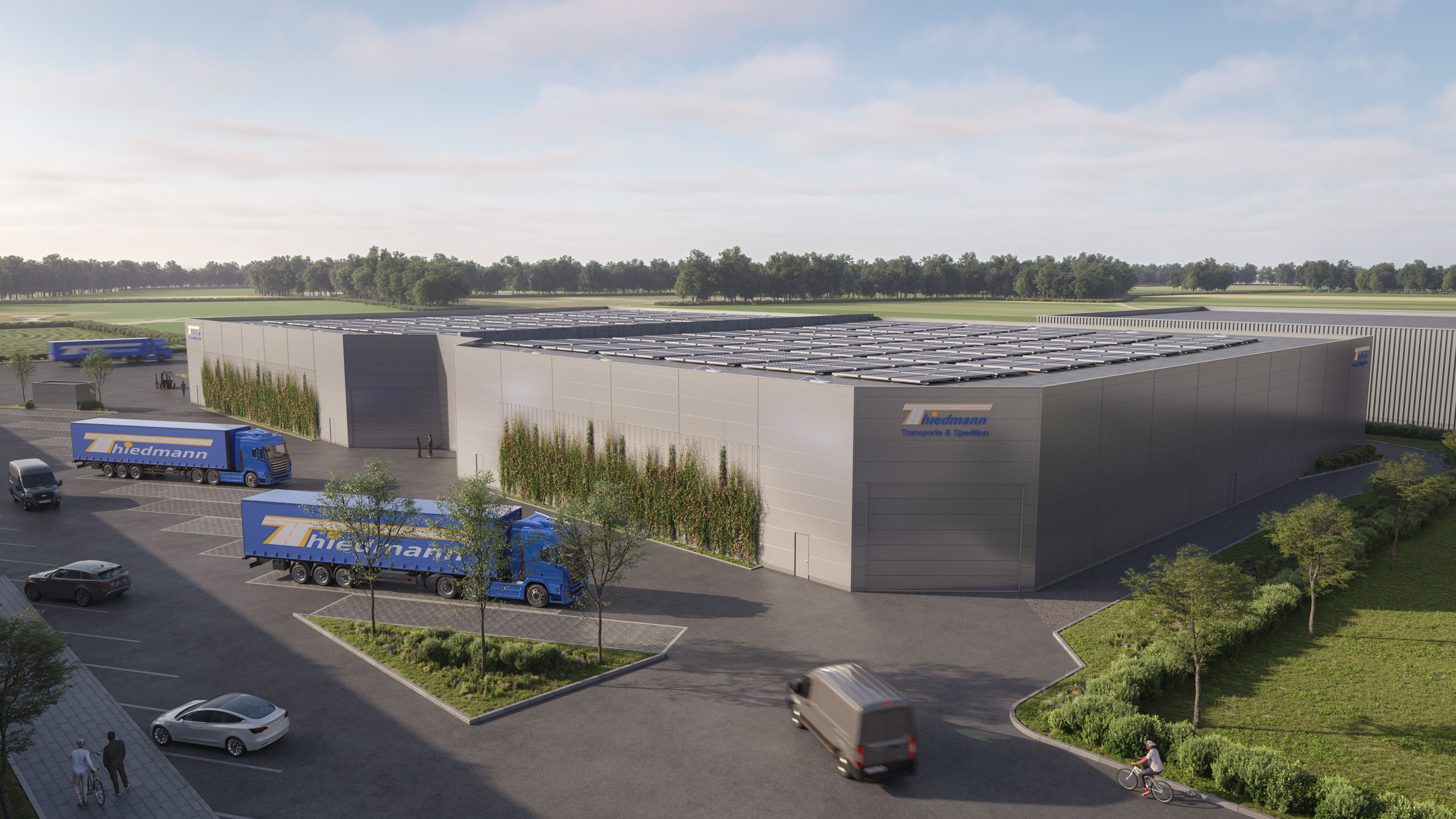 Aerial view of Logistikhalle logistics facility with rooftop solar panels