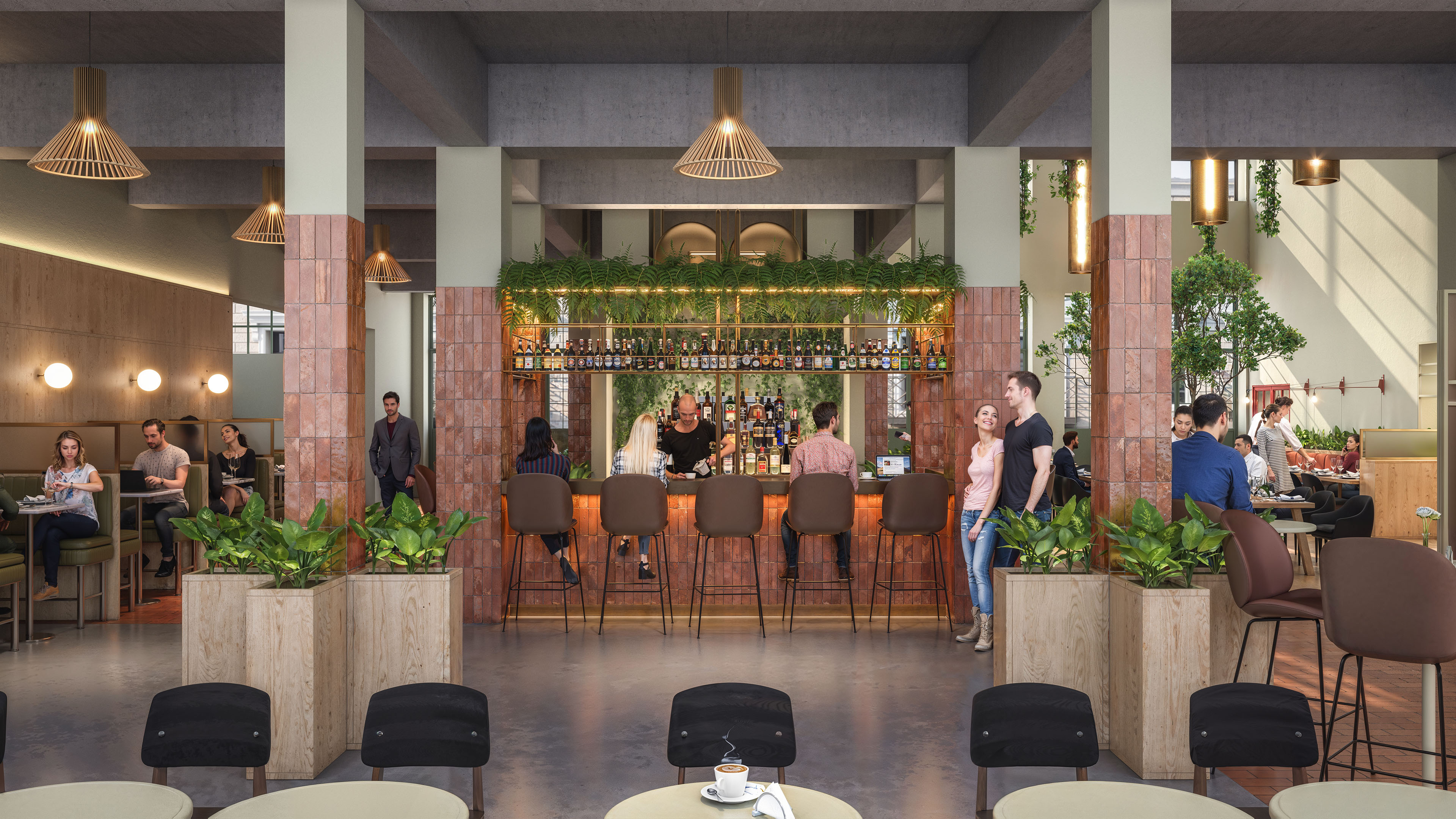 Papieri restaurant bar interior with greenery and terracotta finishes