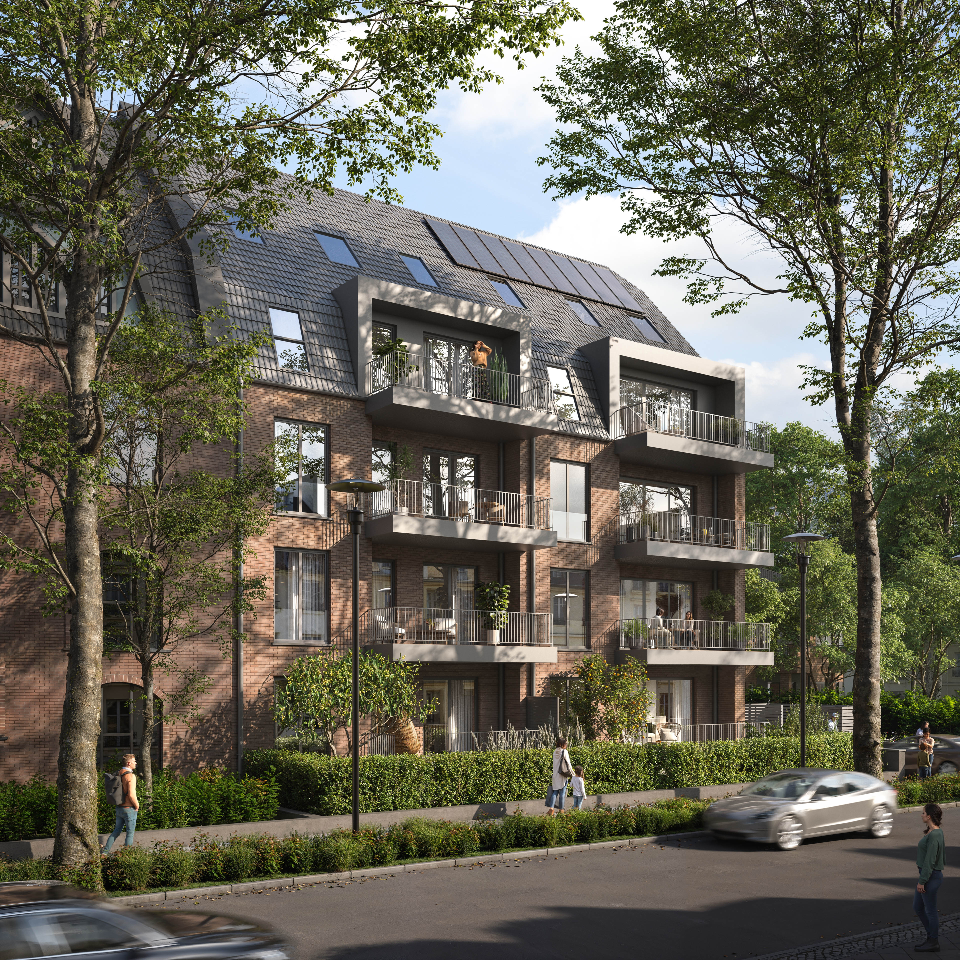 Roonstrasse residential building with balconies and landscaped surroundings