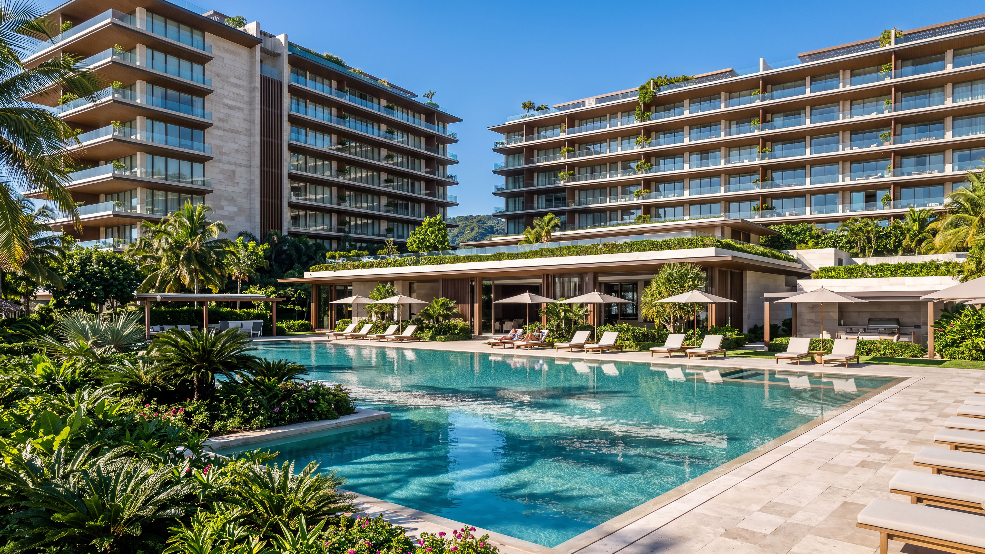 Solara Bay Residences pool and tropical landscaping in Punta Mita