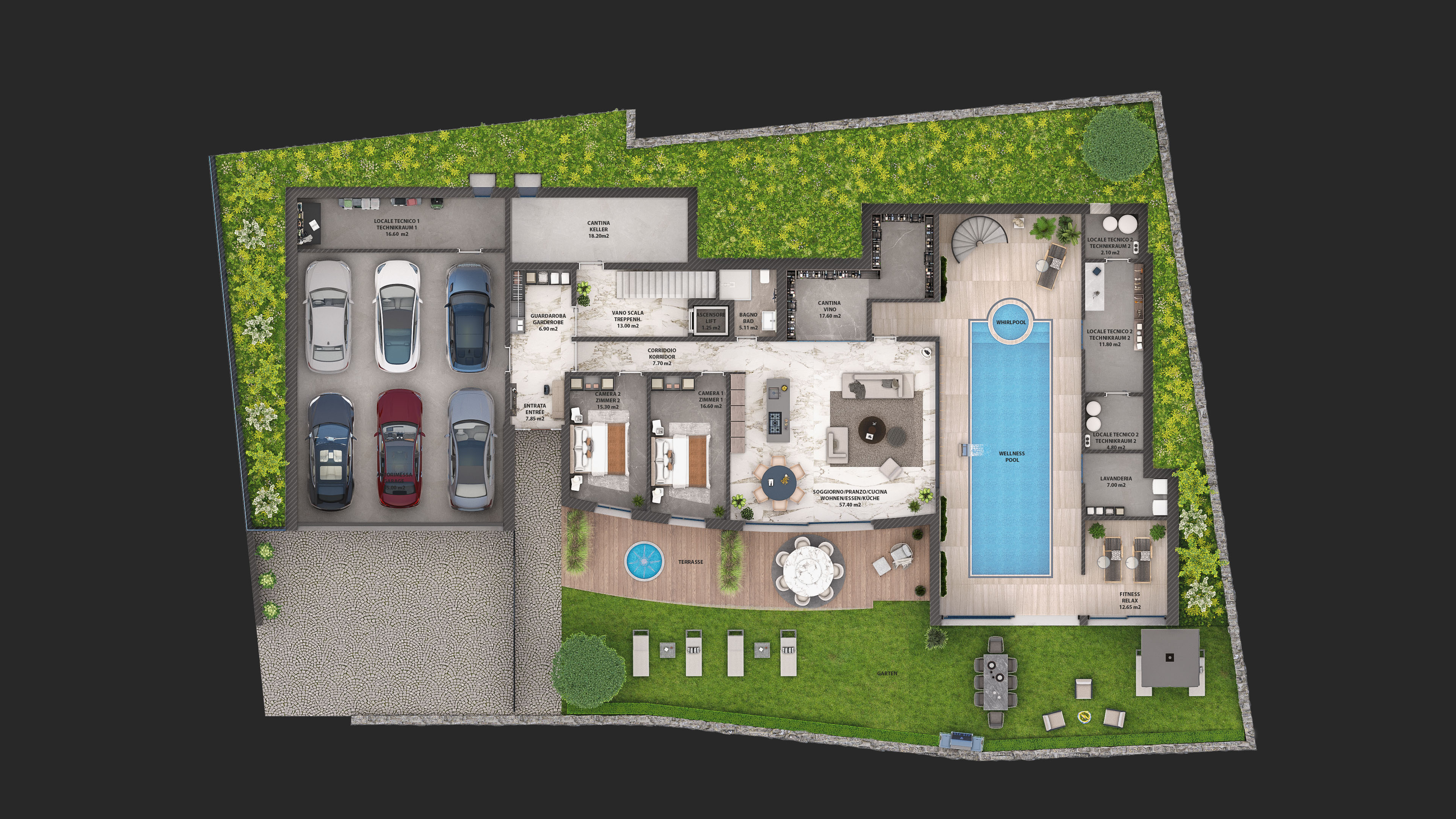 Villa Sanuk ground floor 2D floorplan with pool wellness area and garage