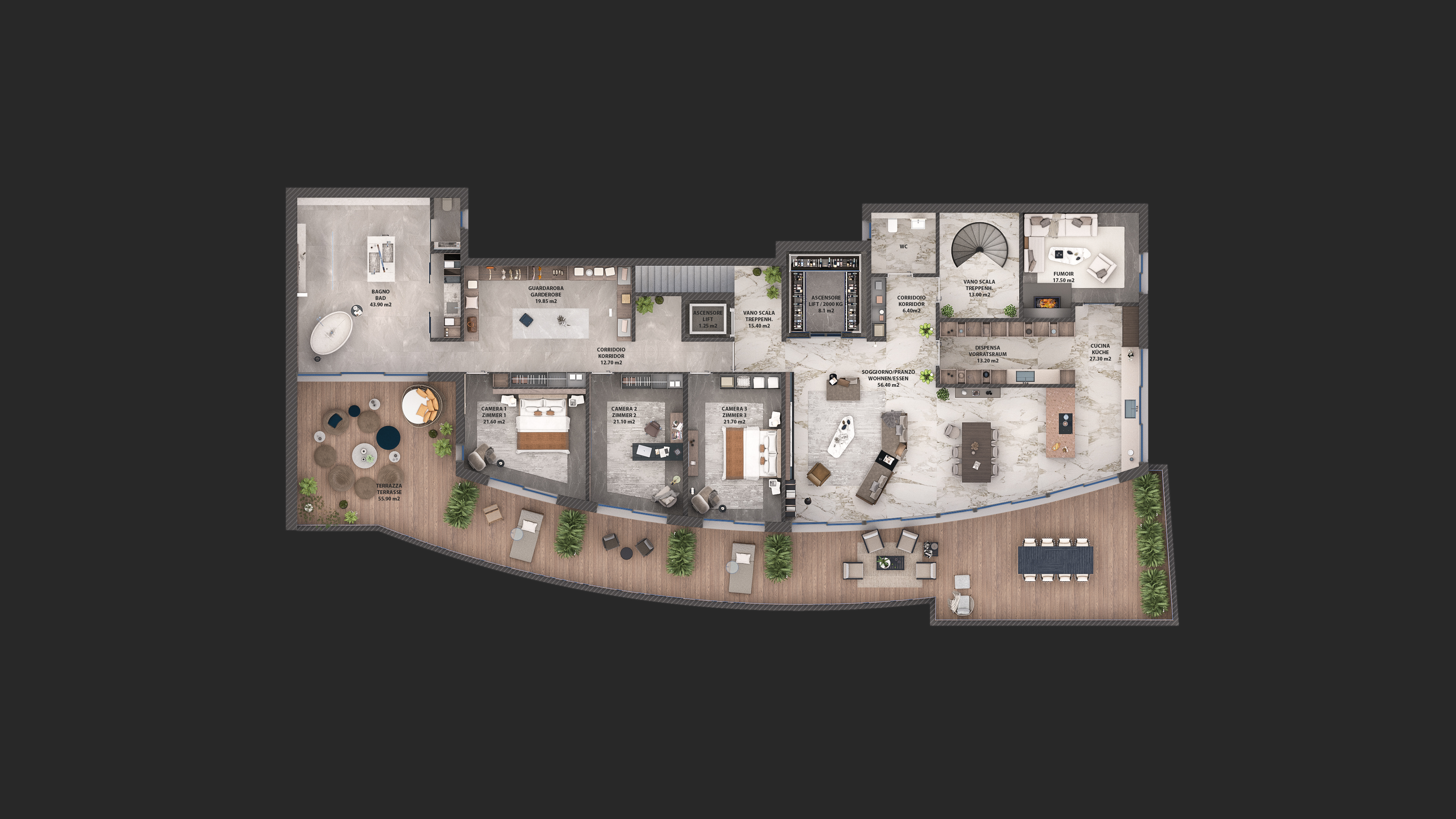 Villa Sanuk upper floor 2D floorplan with bedrooms living spaces and terrace