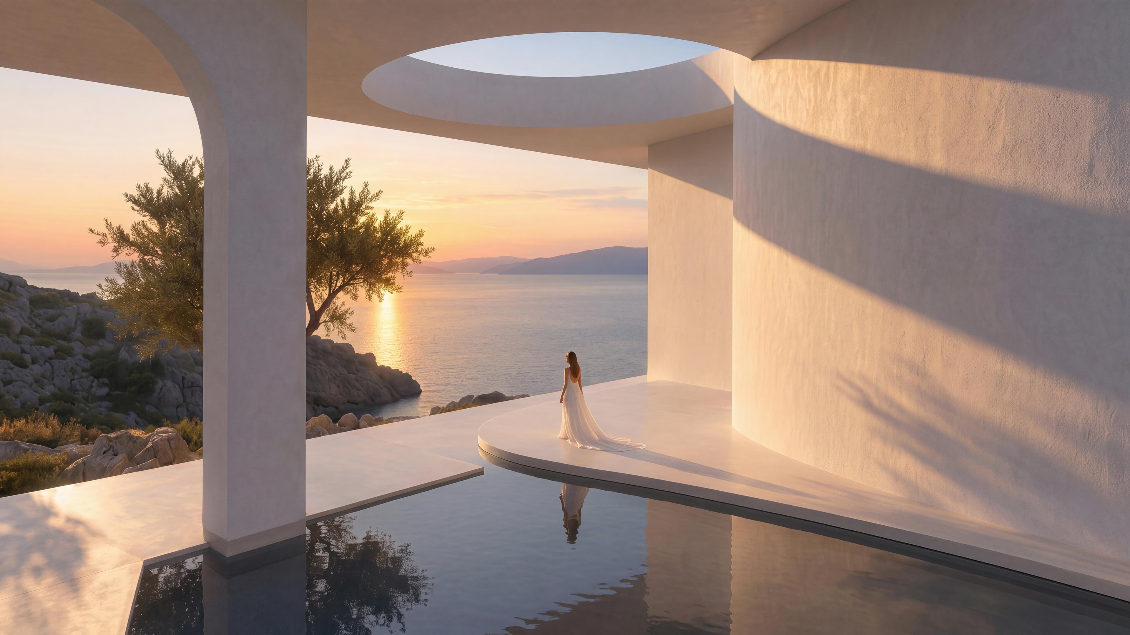 Wide view of Aurea pavilion with curved walls, a reflecting pool, and a rocky coastline at sunset