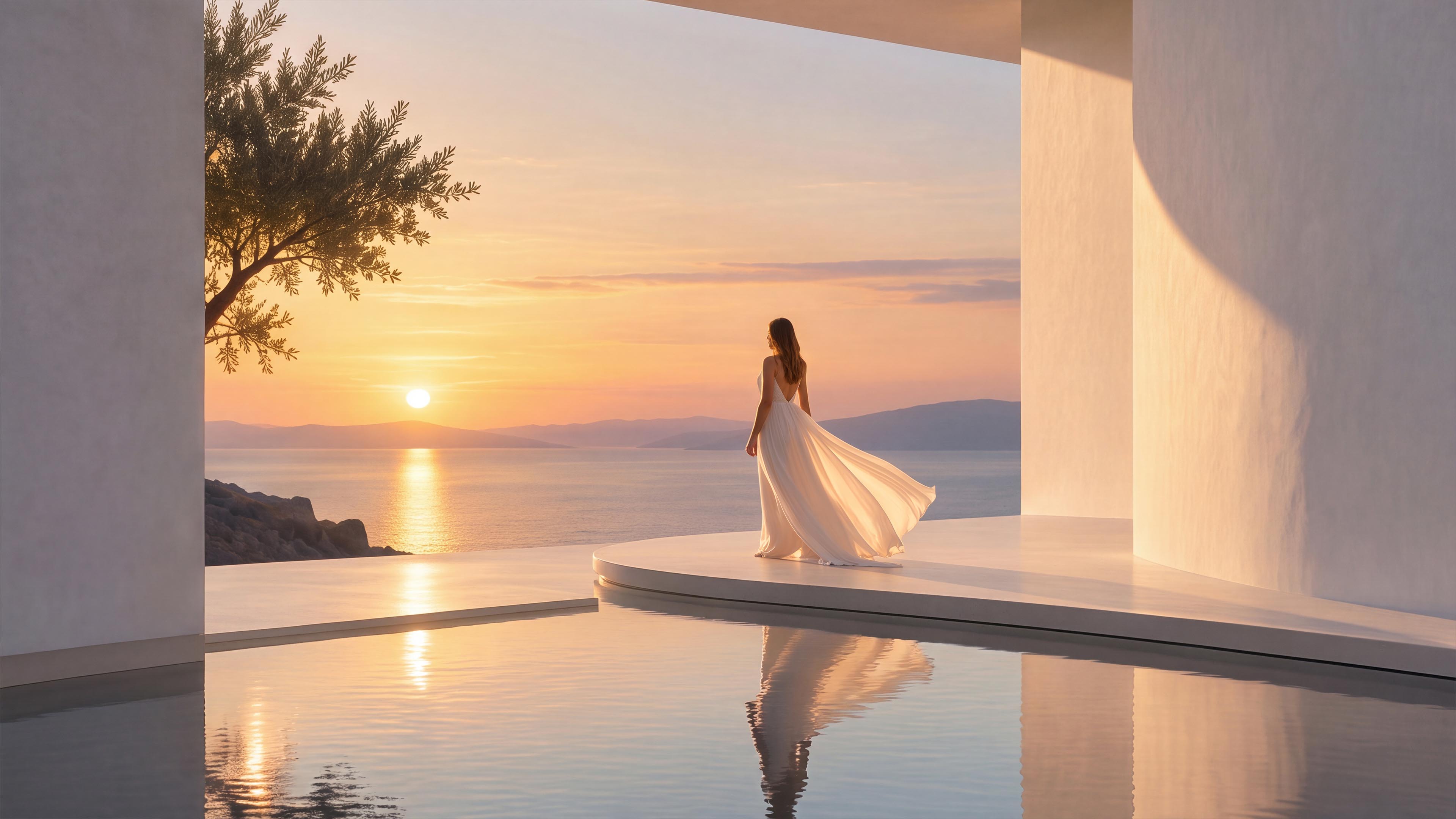 Woman in a flowing white dress on Aurea’s curved terrace beside a reflecting pool at sunset