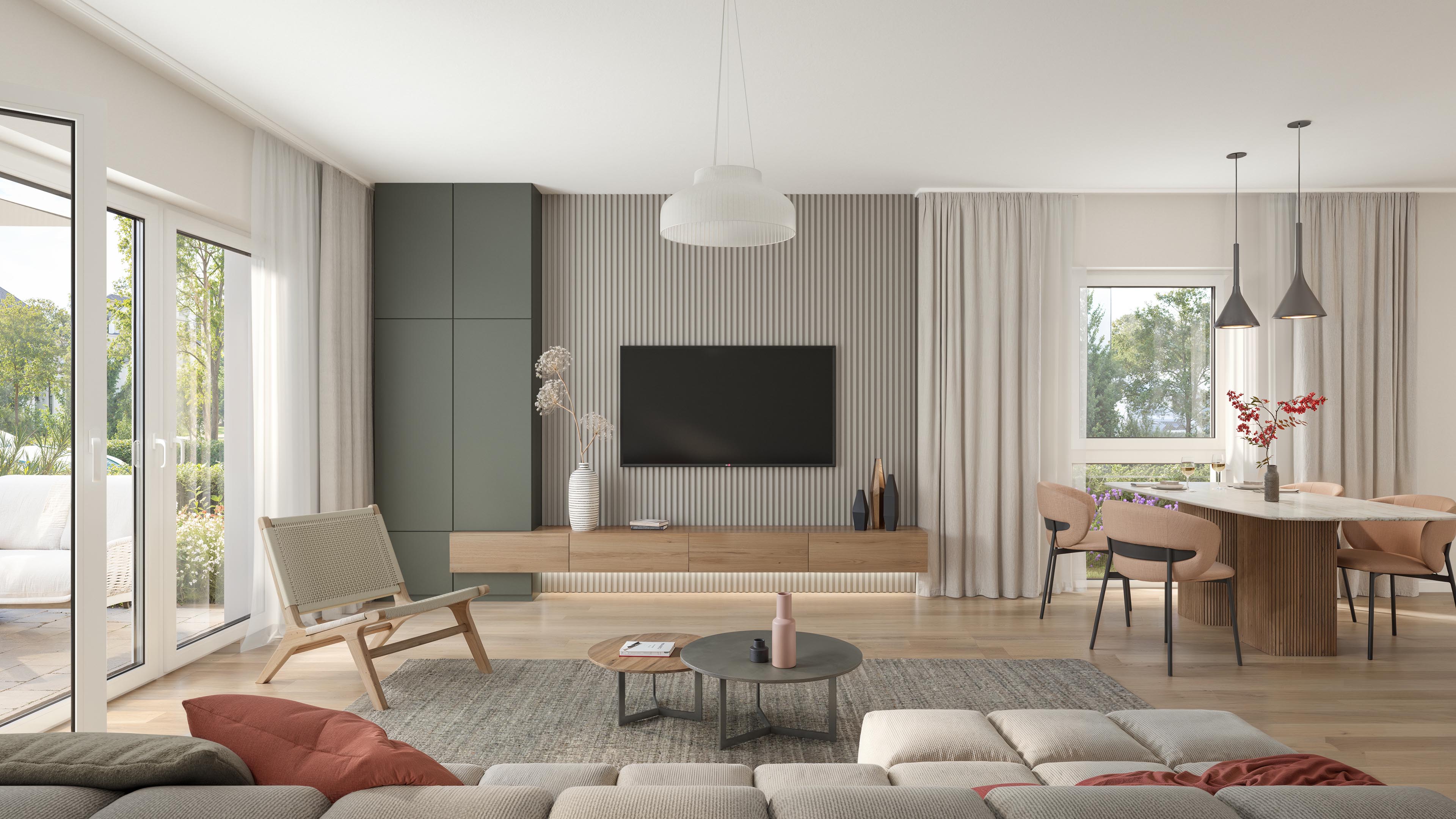 Bollert living and dining area with wood finishes, muted green cabinetry, and glazed terrace doors