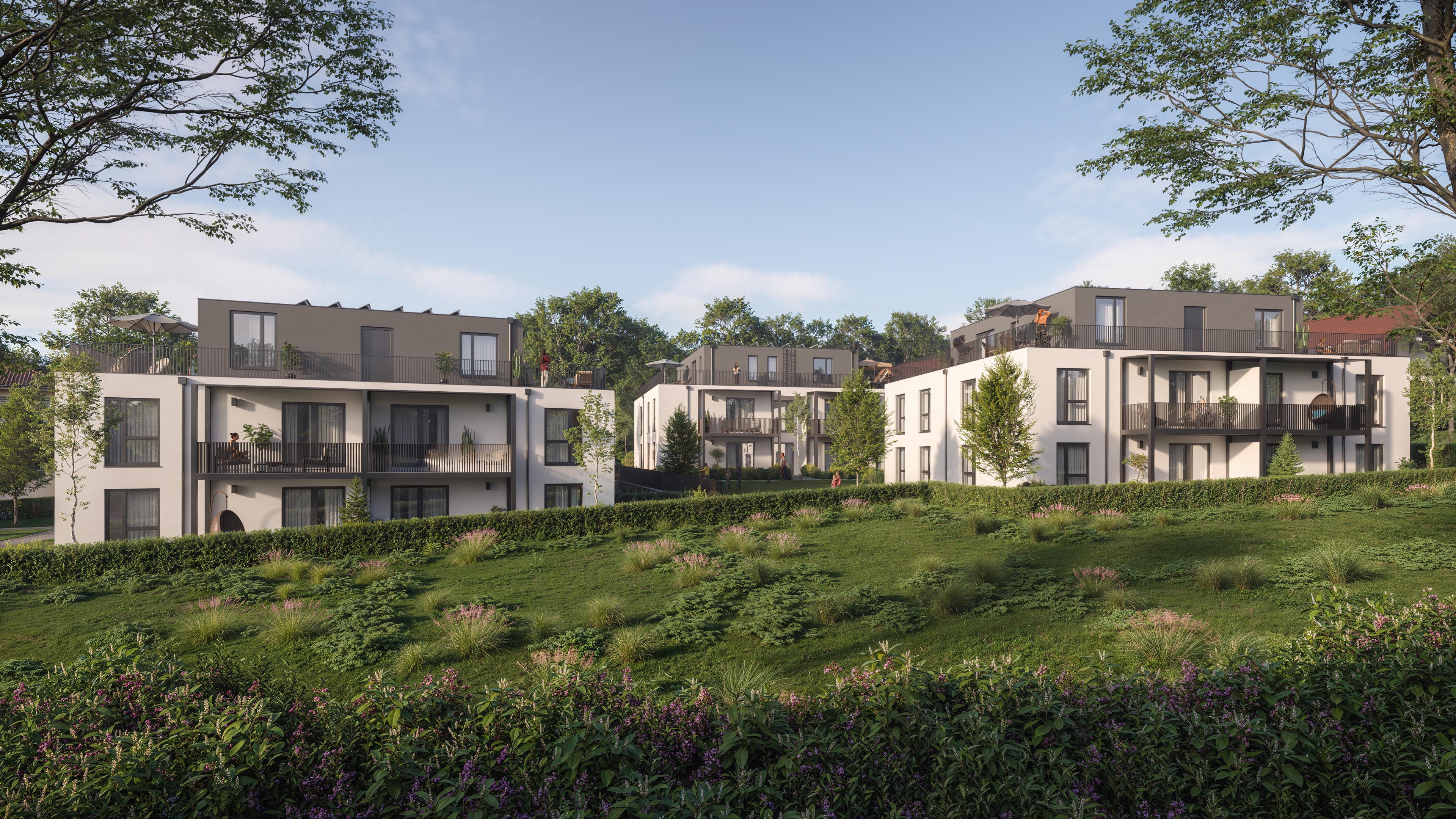 City Suites apartment buildings with balconies and rooftop terraces overlooking a planted slope