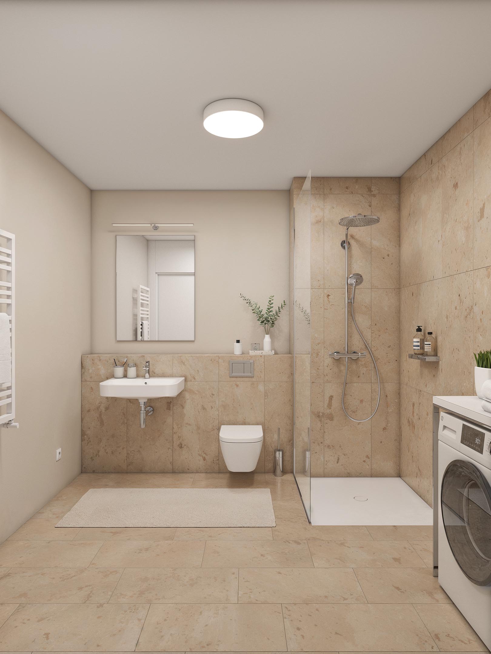 City Suites bathroom with beige tiles, a glass shower screen, wall-mounted fixtures, and a washing machine