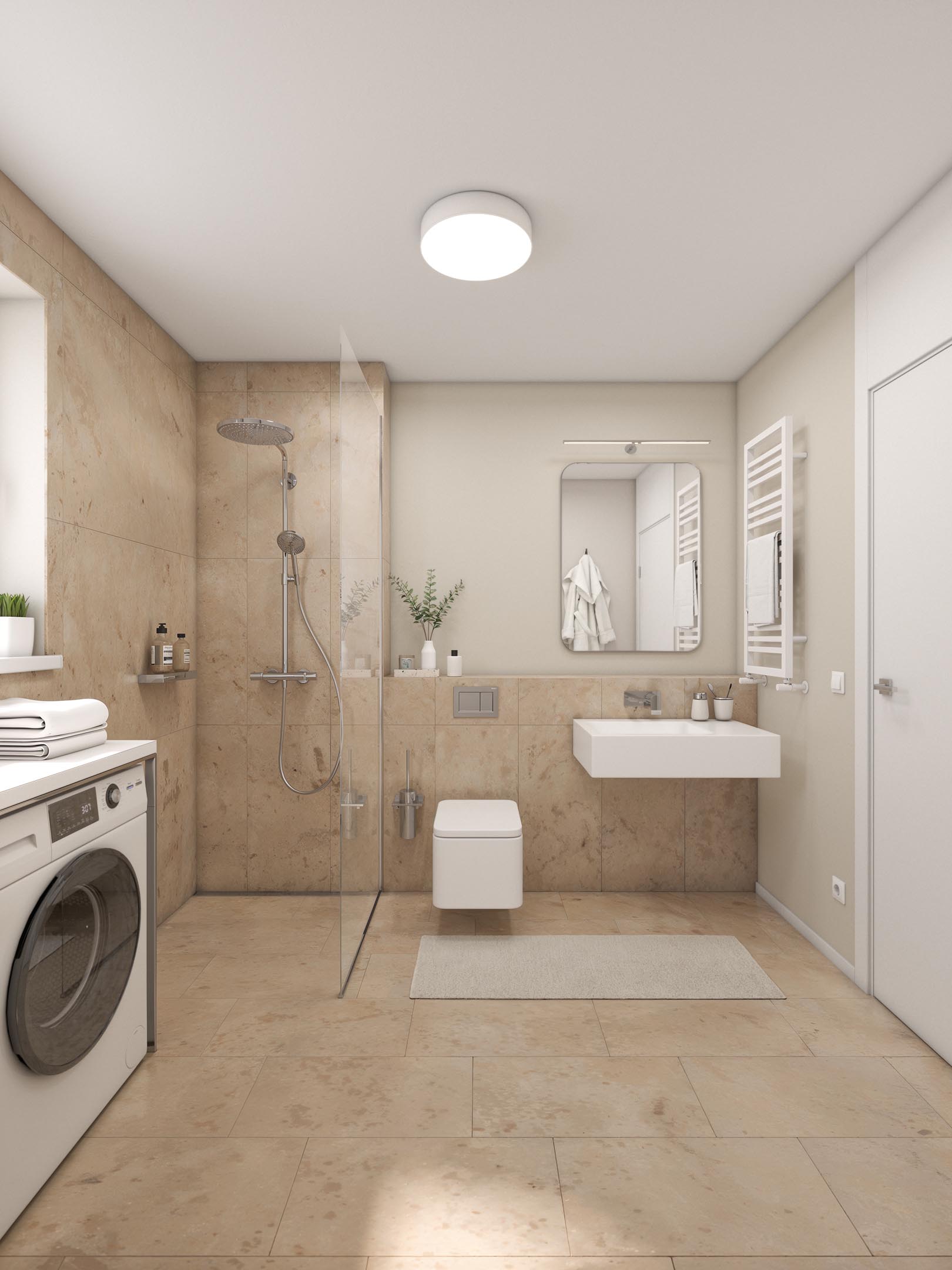 City Suites penthouse bathroom with a window, beige tiled shower, rectangular basin, and towel radiator