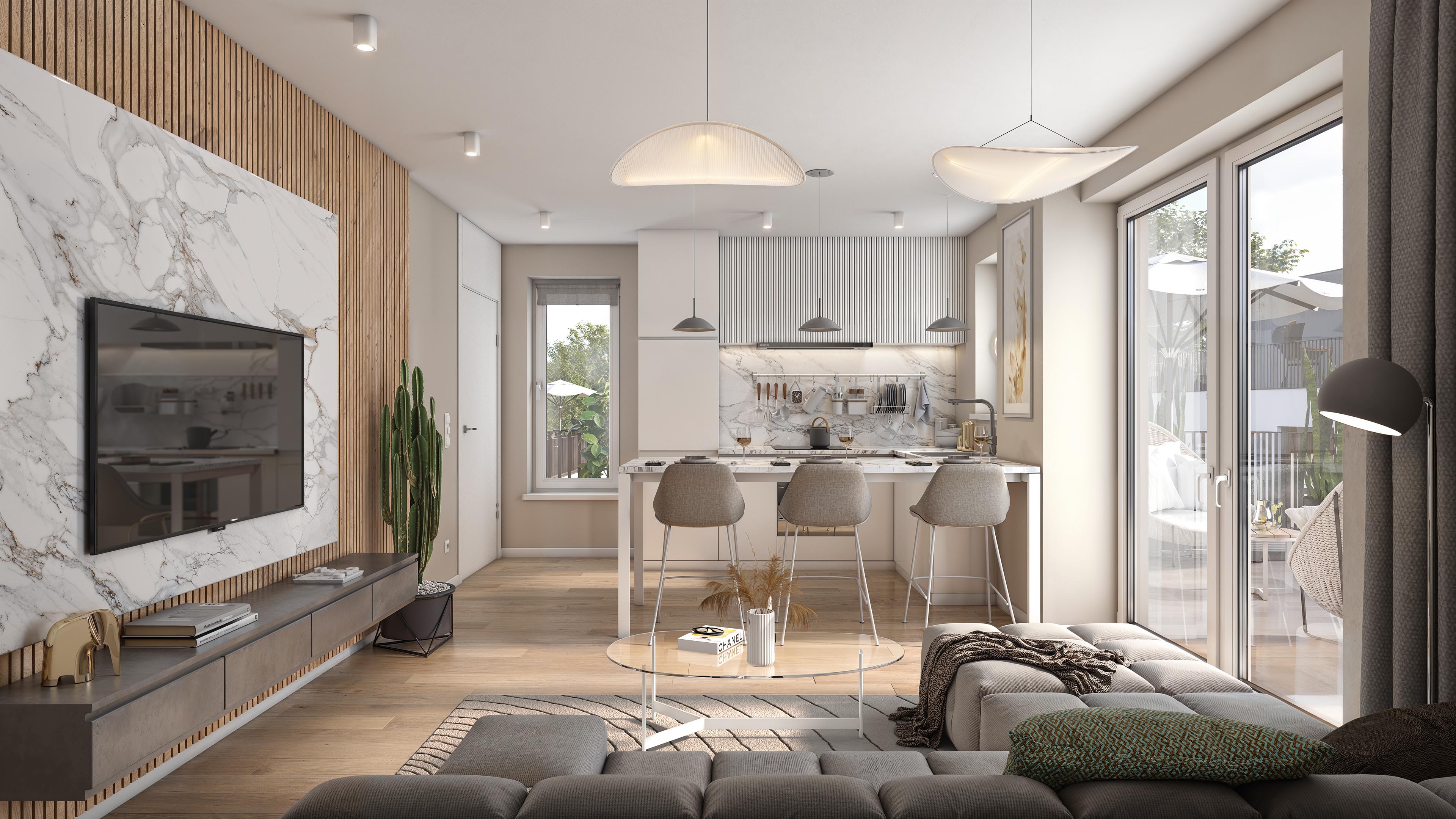 City Suites penthouse living area with a grey sofa, kitchen breakfast bar, and access to the terrace