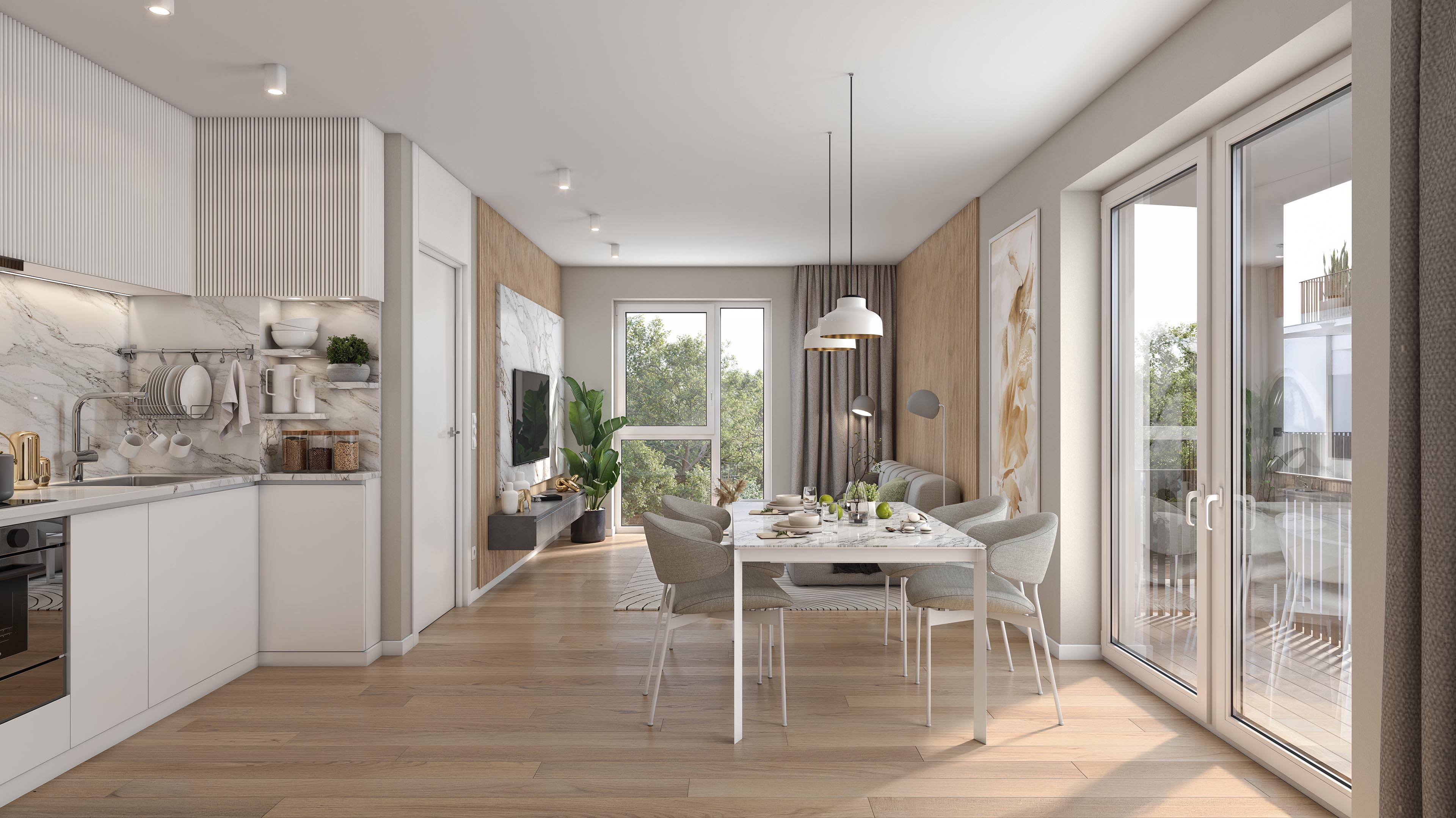 City Suites apartment interior with an open kitchen, dining table, wood flooring, and balcony doors
