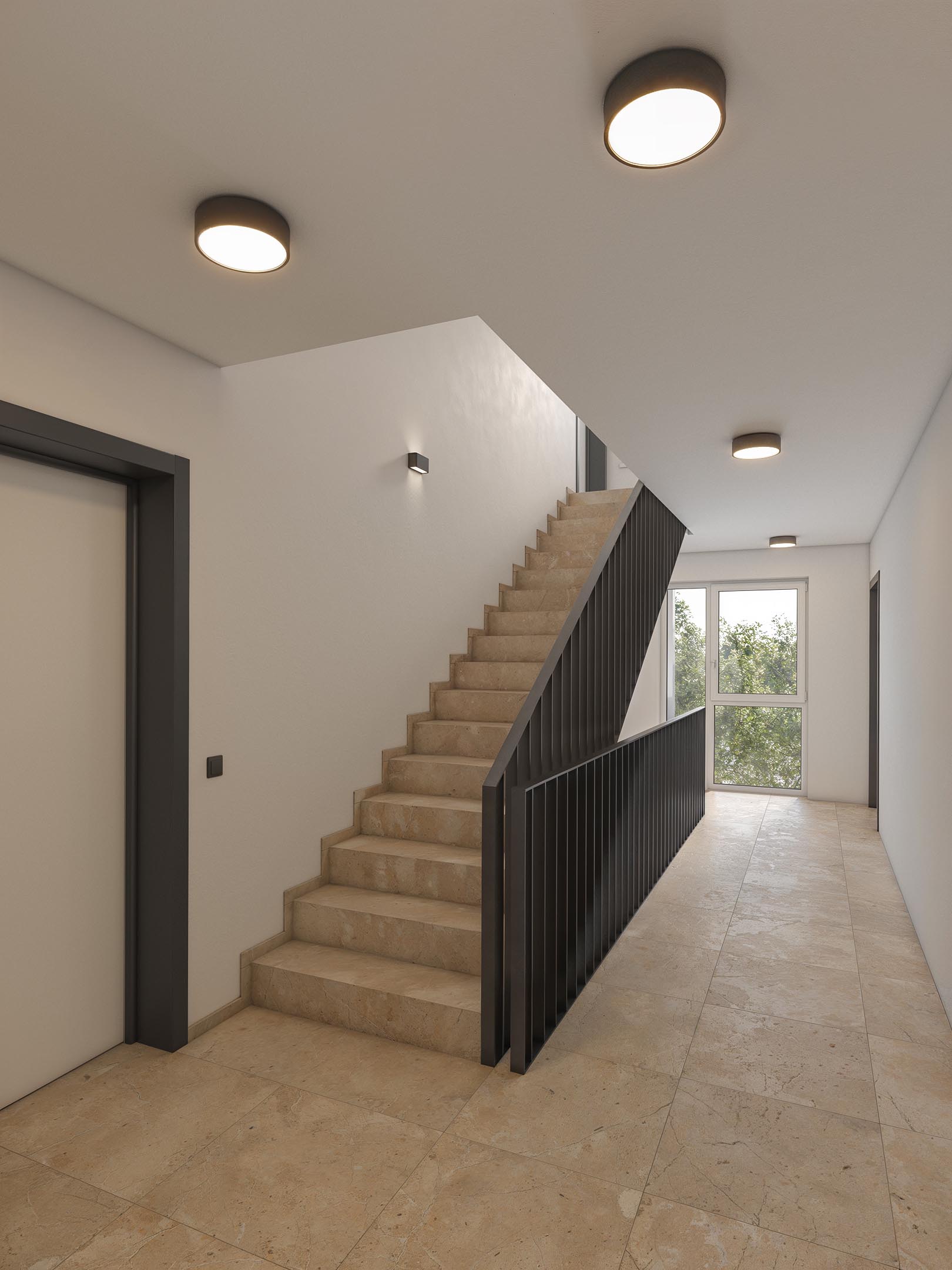 City Suites stairwell with beige tiled steps, dark metal railings, and a tall landing window