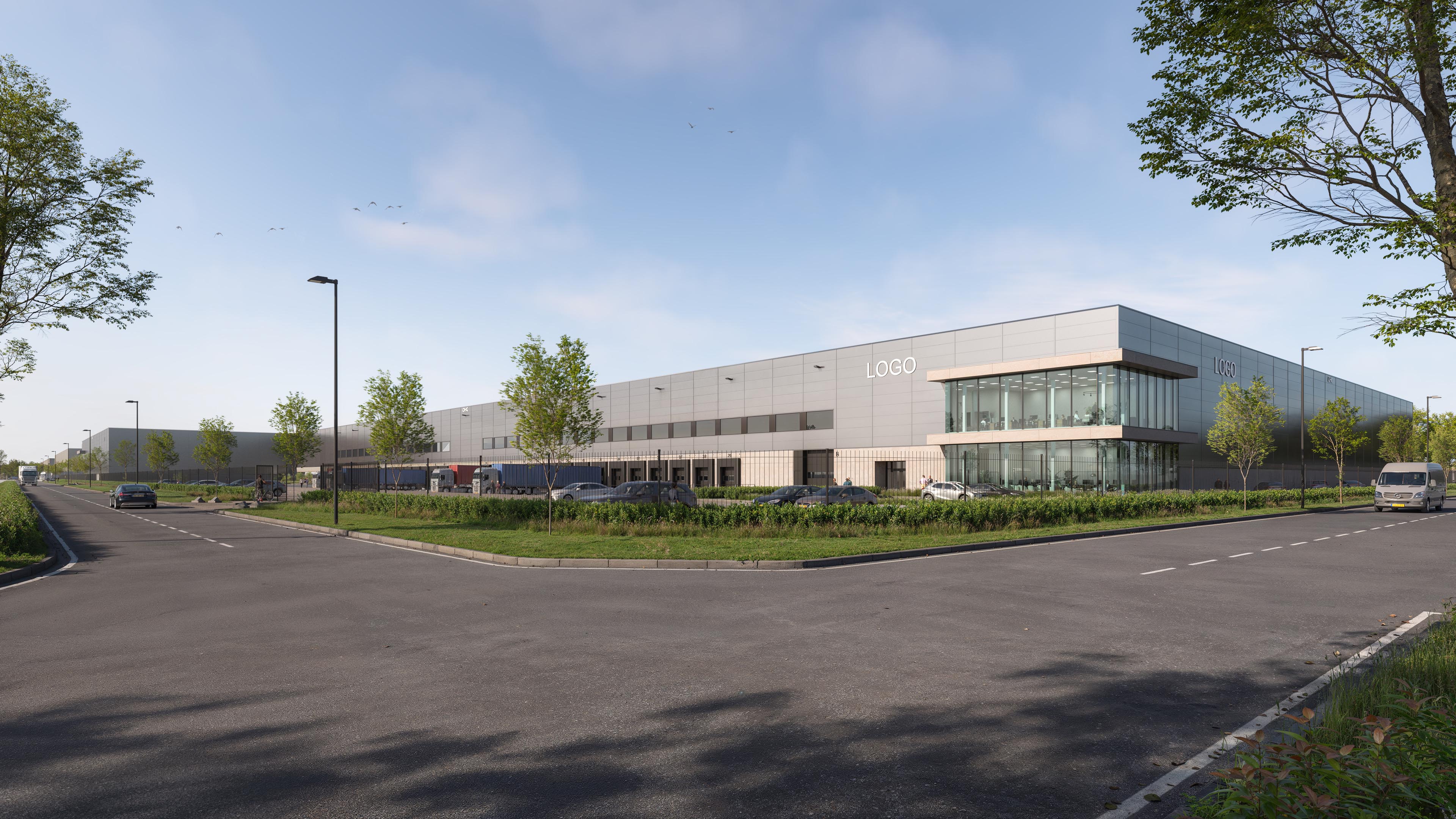 DHG Smartlog Roosendaal street view with grey warehouse façades and a two-storey glazed corner office