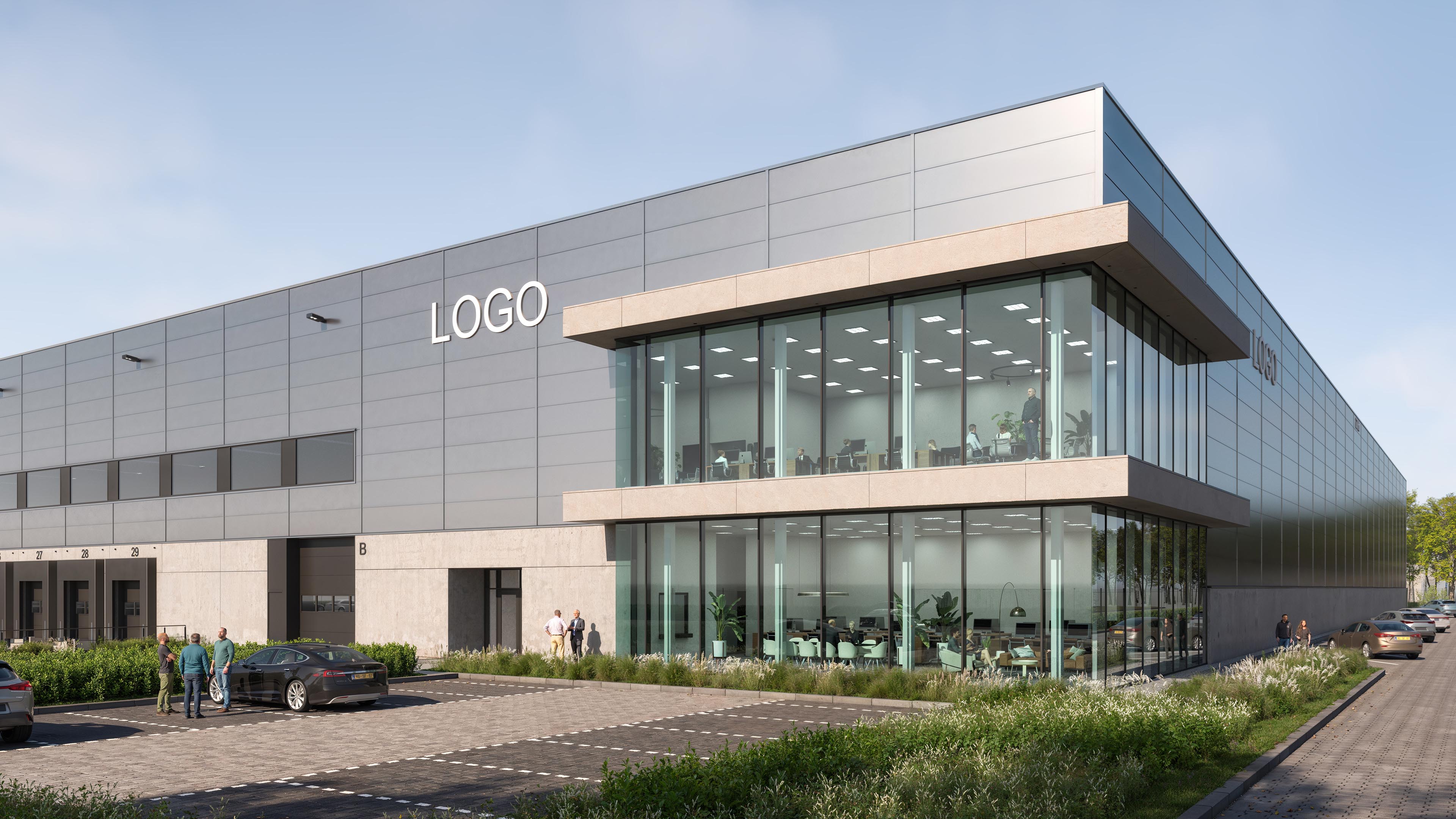 Close exterior view of the glazed office corner at DHG Smartlog Roosendaal with parking and planted borders