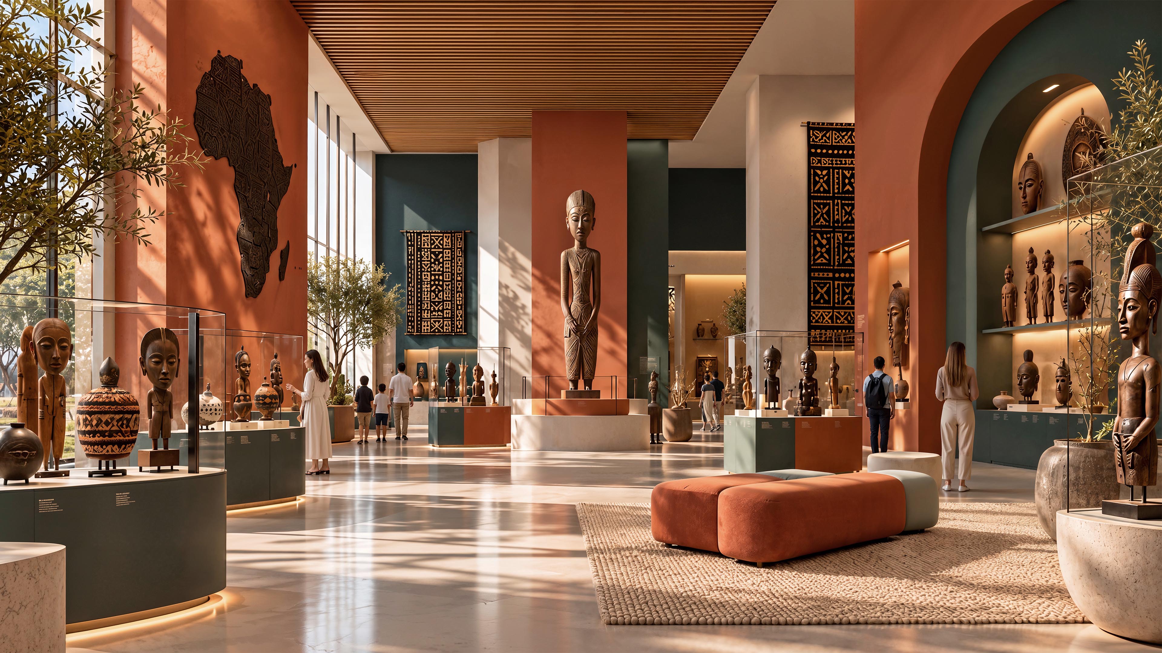 Echoes of Africa museum concept with terracotta walls, glass display cases, sculptures, and a sunlit seating area