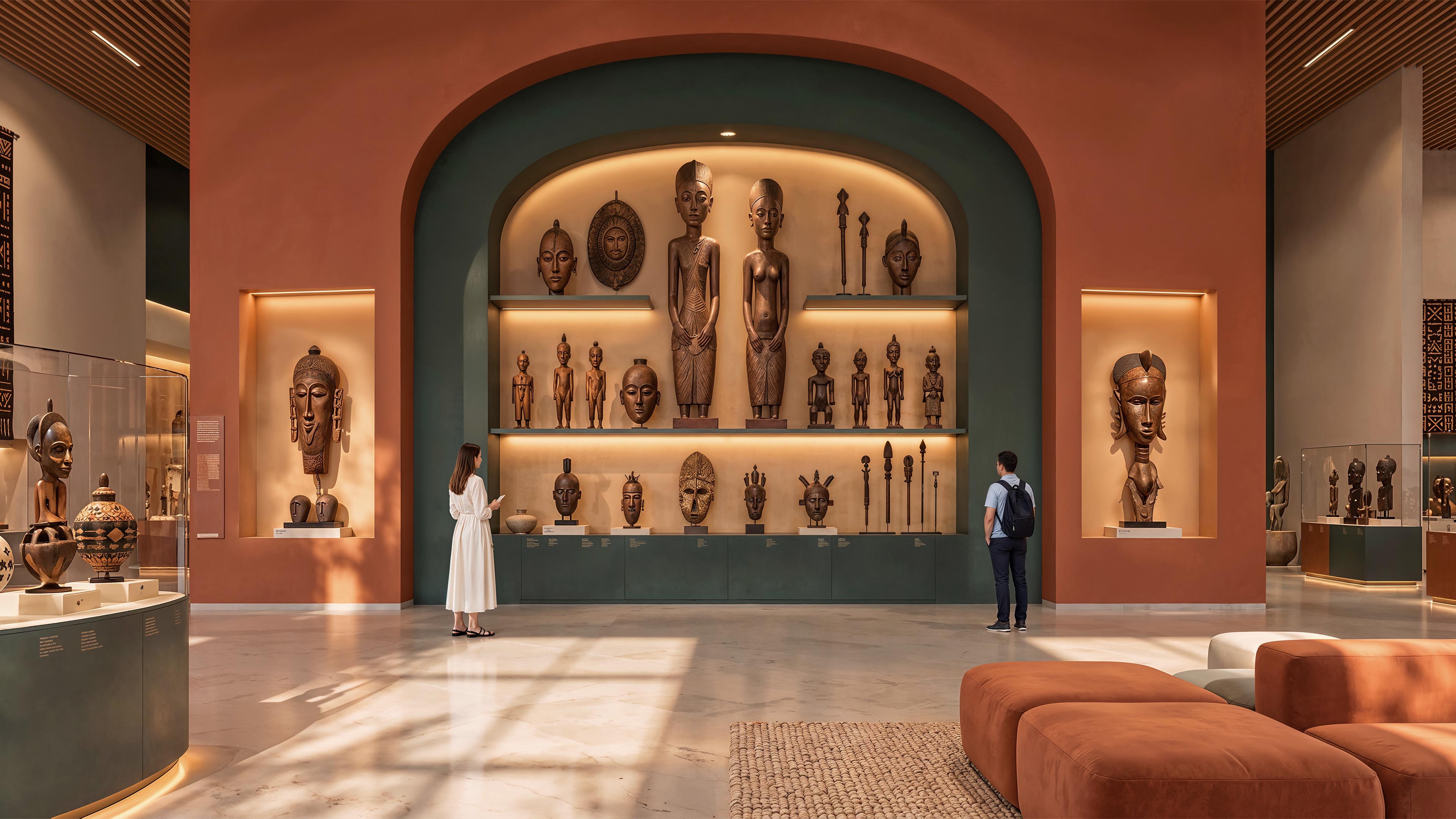 Echoes of Africa gallery with an illuminated arched display of carved figures and masks framed in deep green