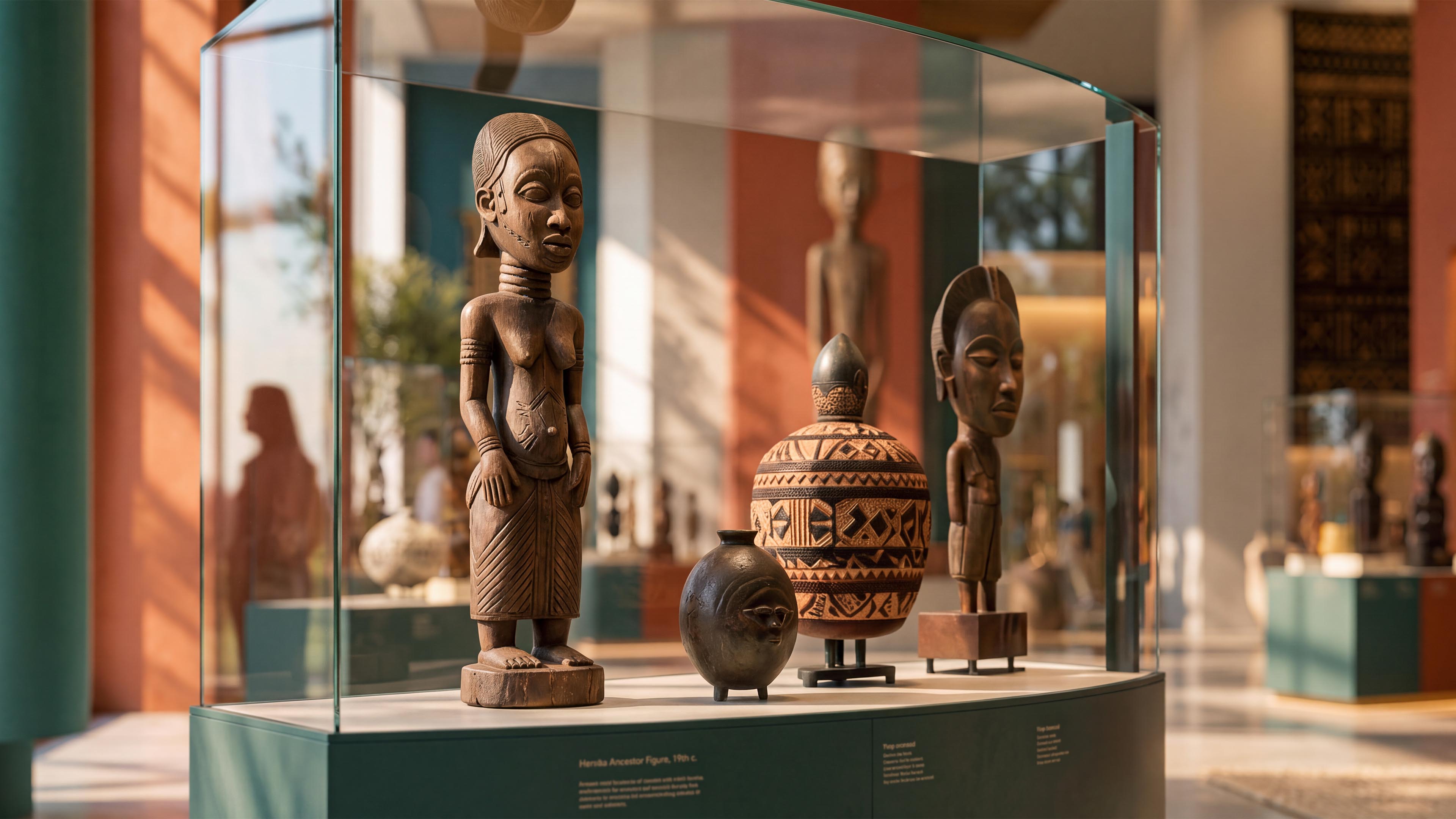 Close-up of carved wooden figures and decorative vessels inside a curved glass display case in Echoes of Africa