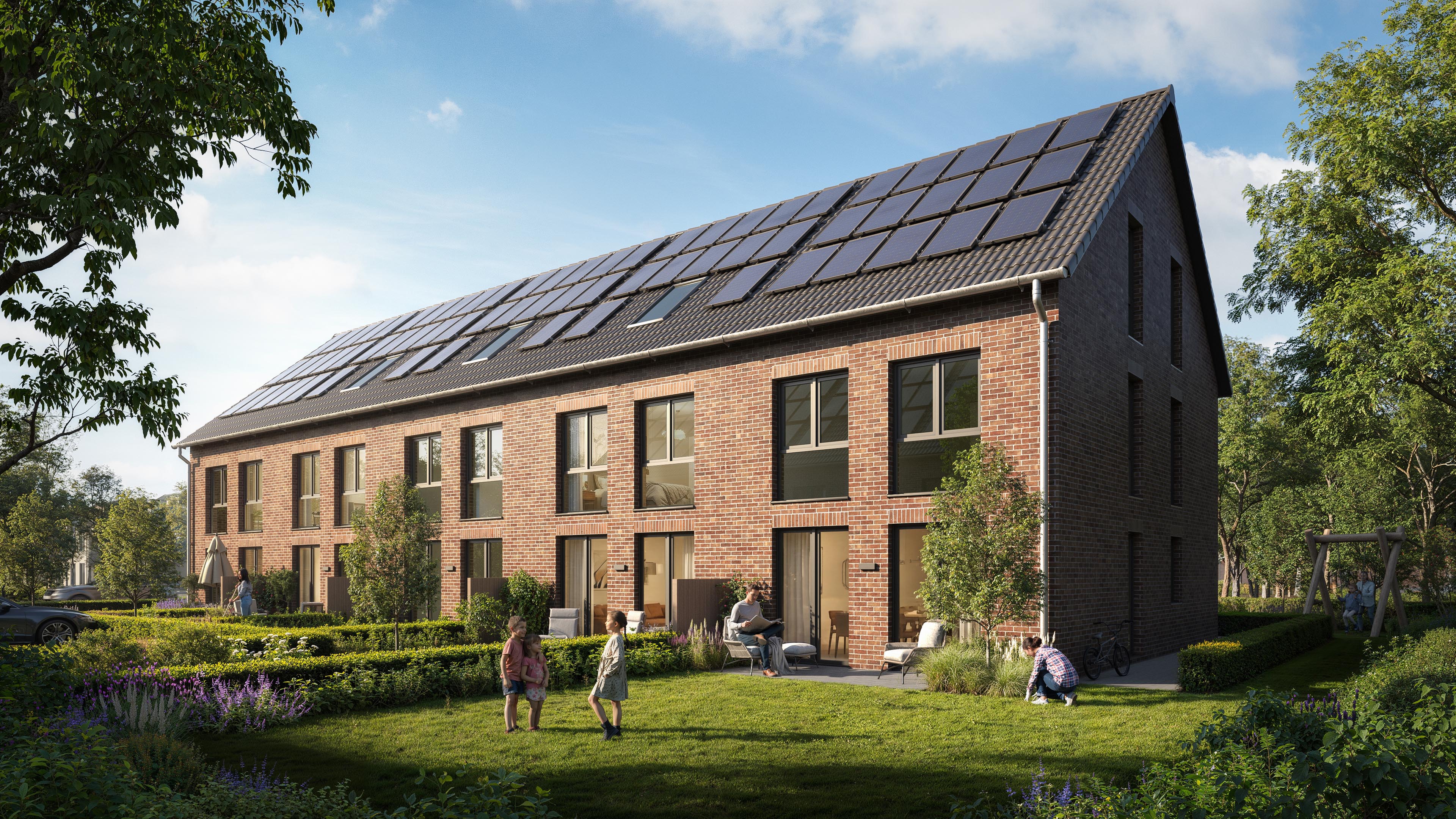 Guldener Hofe brick homes overlooking a landscaped lawn with children playing and a garden swing