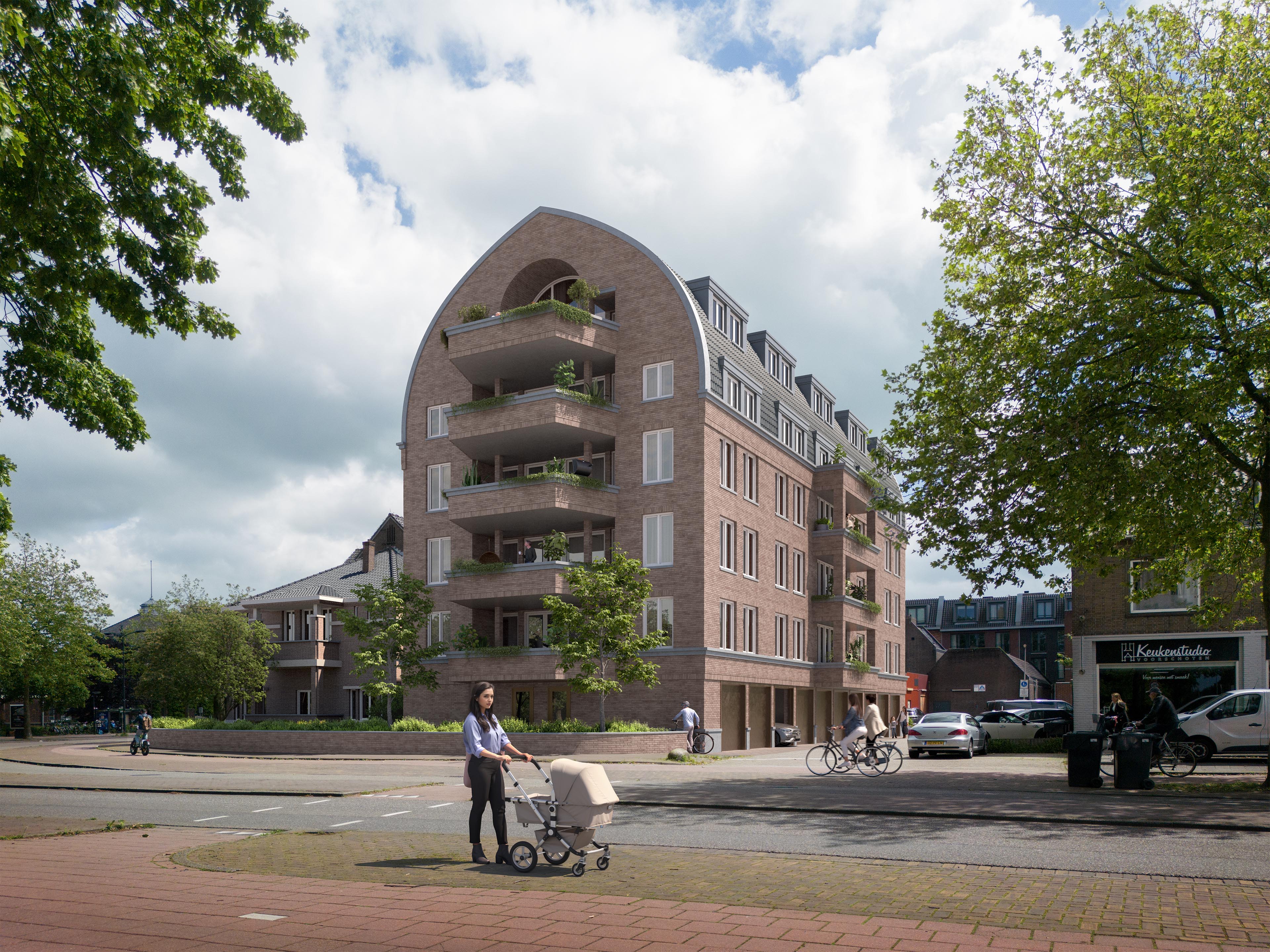 Street view of Kruispunt in Voorschoten with a curved gable, stacked planted balconies, and brick façades