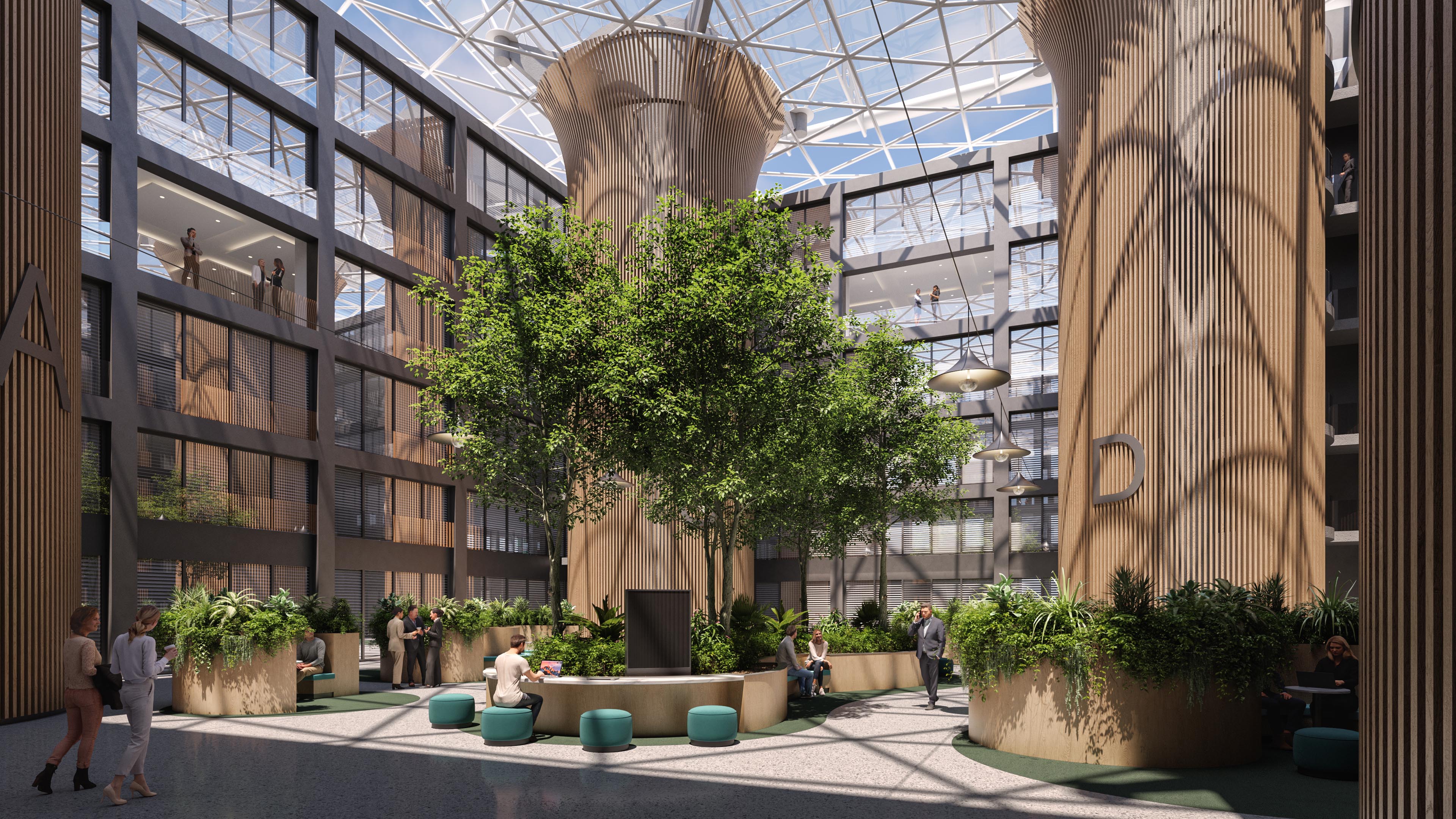 Neuer Dovenhof atrium with indoor trees, timber-clad sculptural forms, and a glazed roof