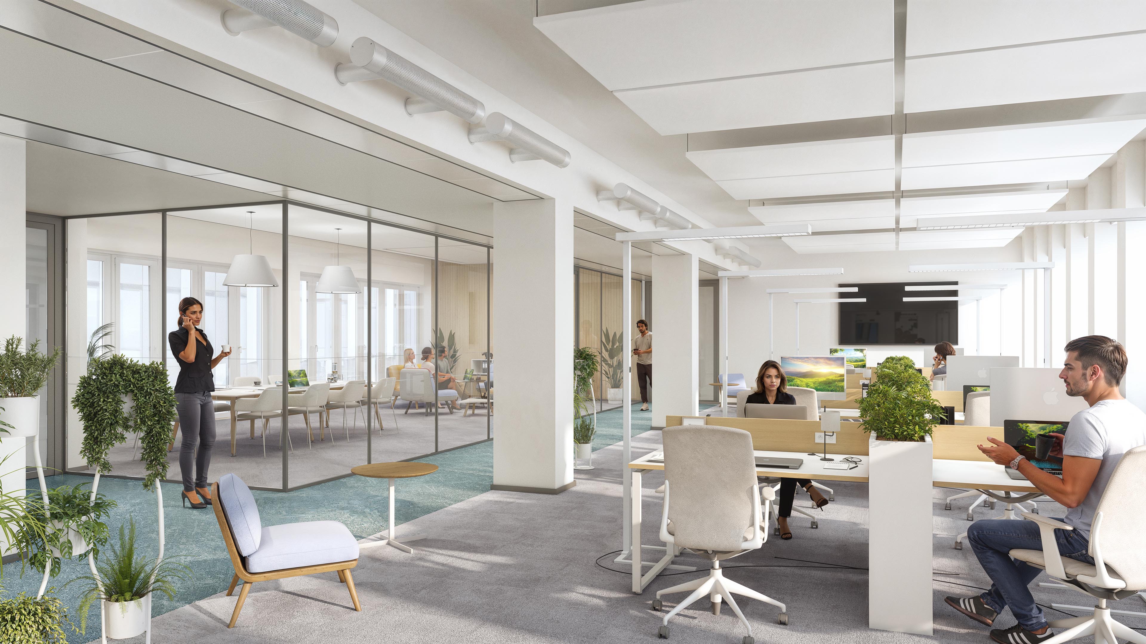 Neuer Dovenhof open office with shared desks, a glass meeting room, and teal circulation flooring