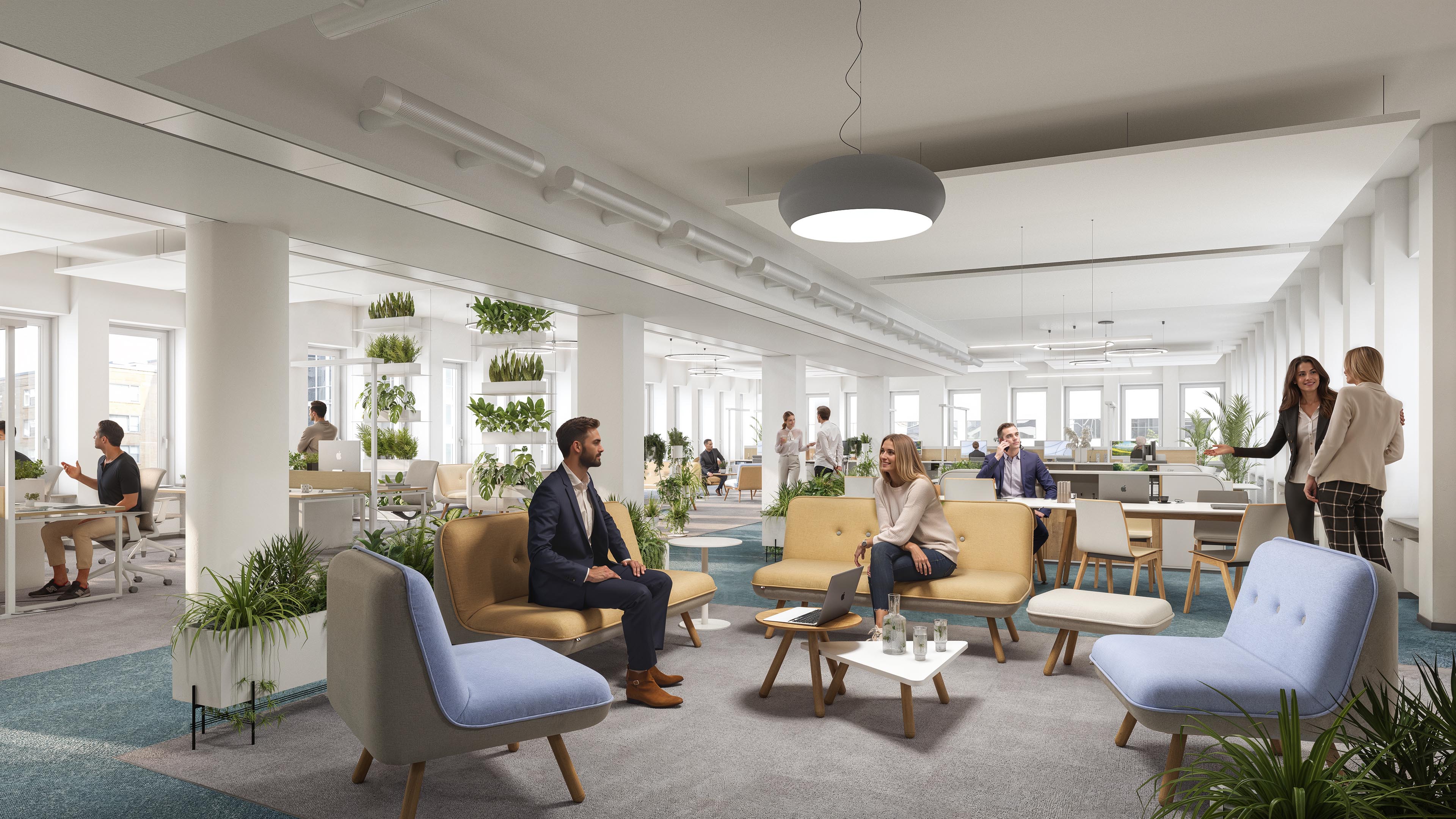 Neuer Dovenhof office lounge with mustard sofas, pale blue chairs, and surrounding plants