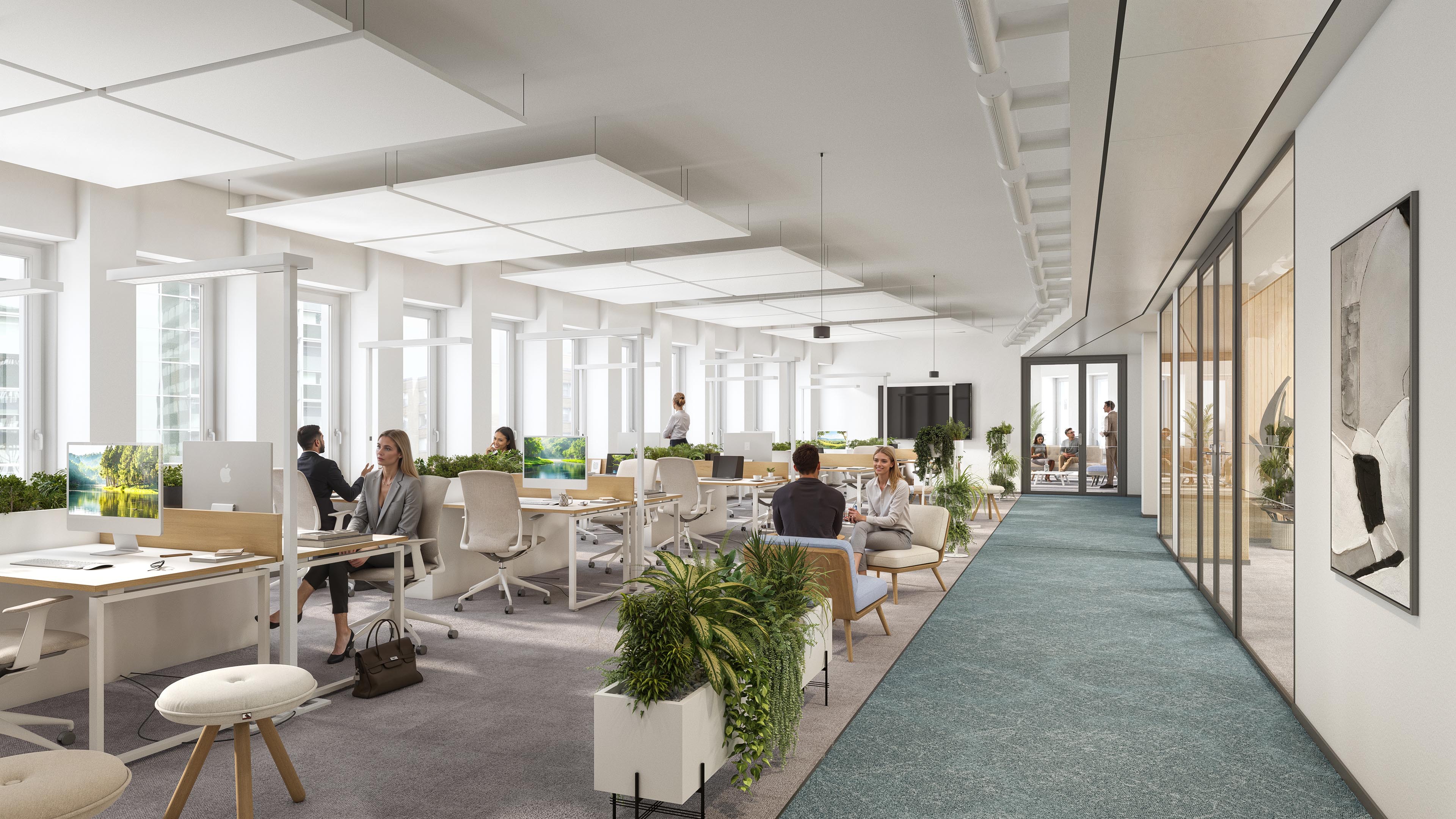 Neuer Dovenhof office with window-side workstations and a teal corridor beside glazed rooms
