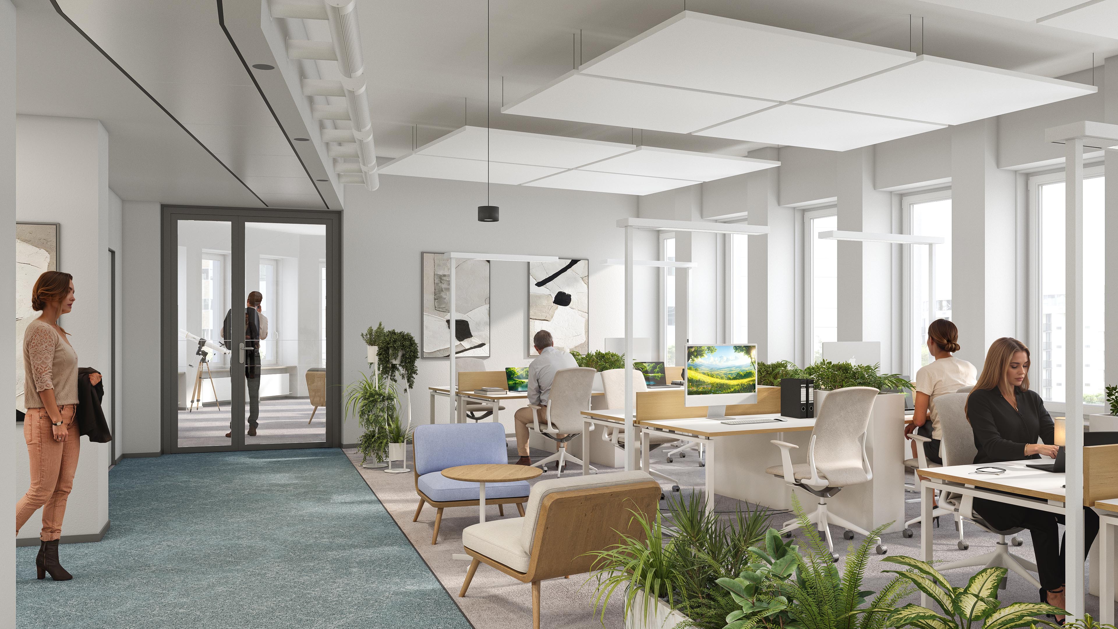 Neuer Dovenhof workspace with lounge chairs, planted dividers, and glass doors to a private office
