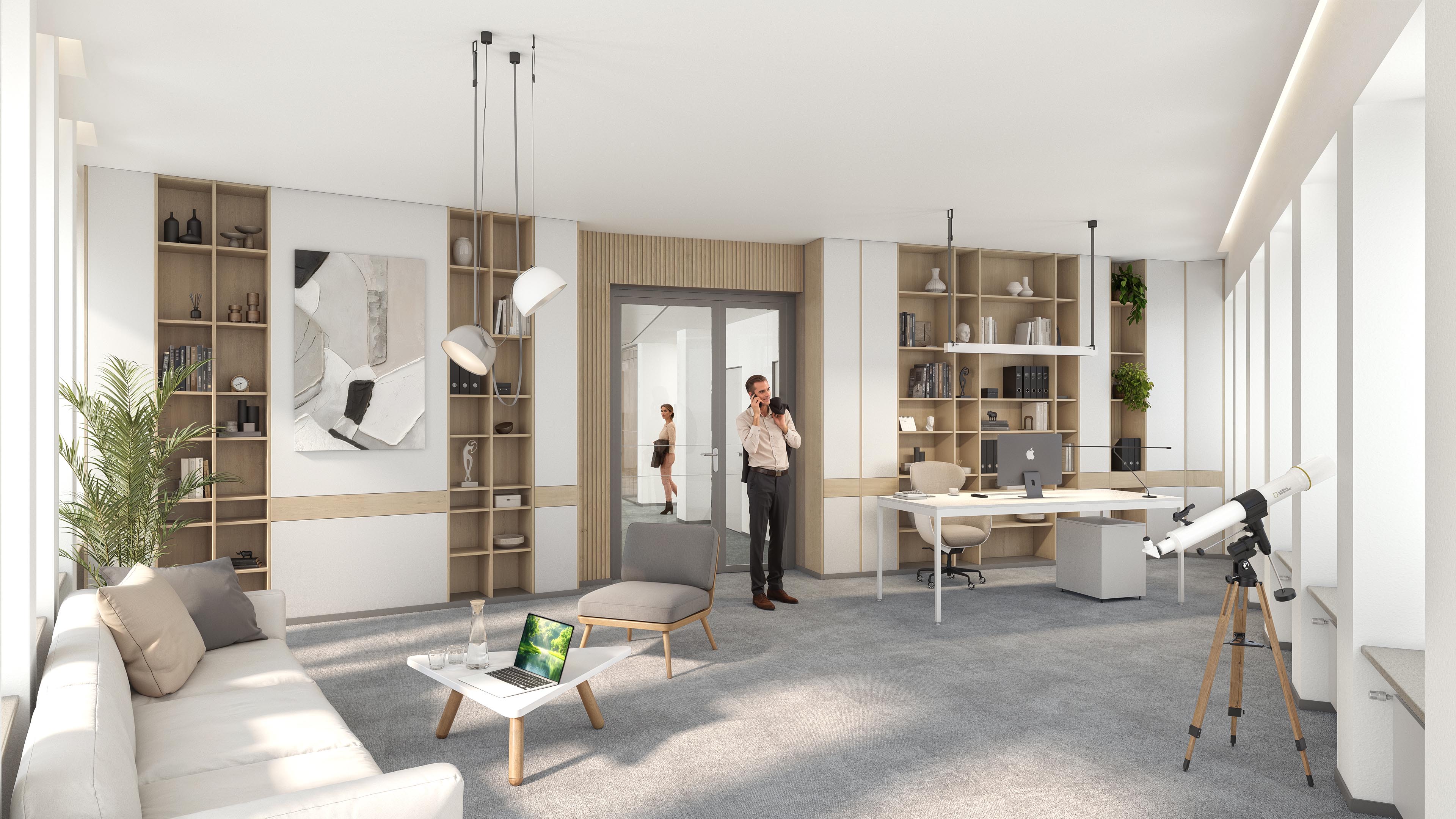 Neuer Dovenhof private office with built-in wood shelving, a desk, lounge seating, and a telescope