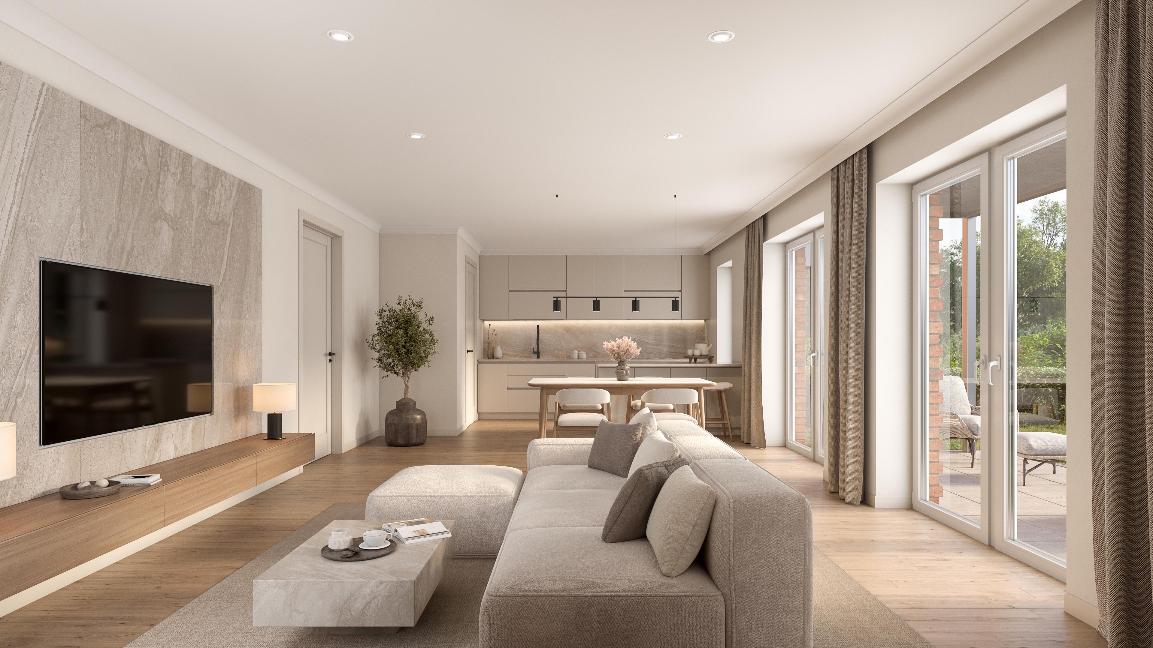 Wohnen am Petersberg living room with a pale sectional sofa, stone-look television wall, and open kitchen