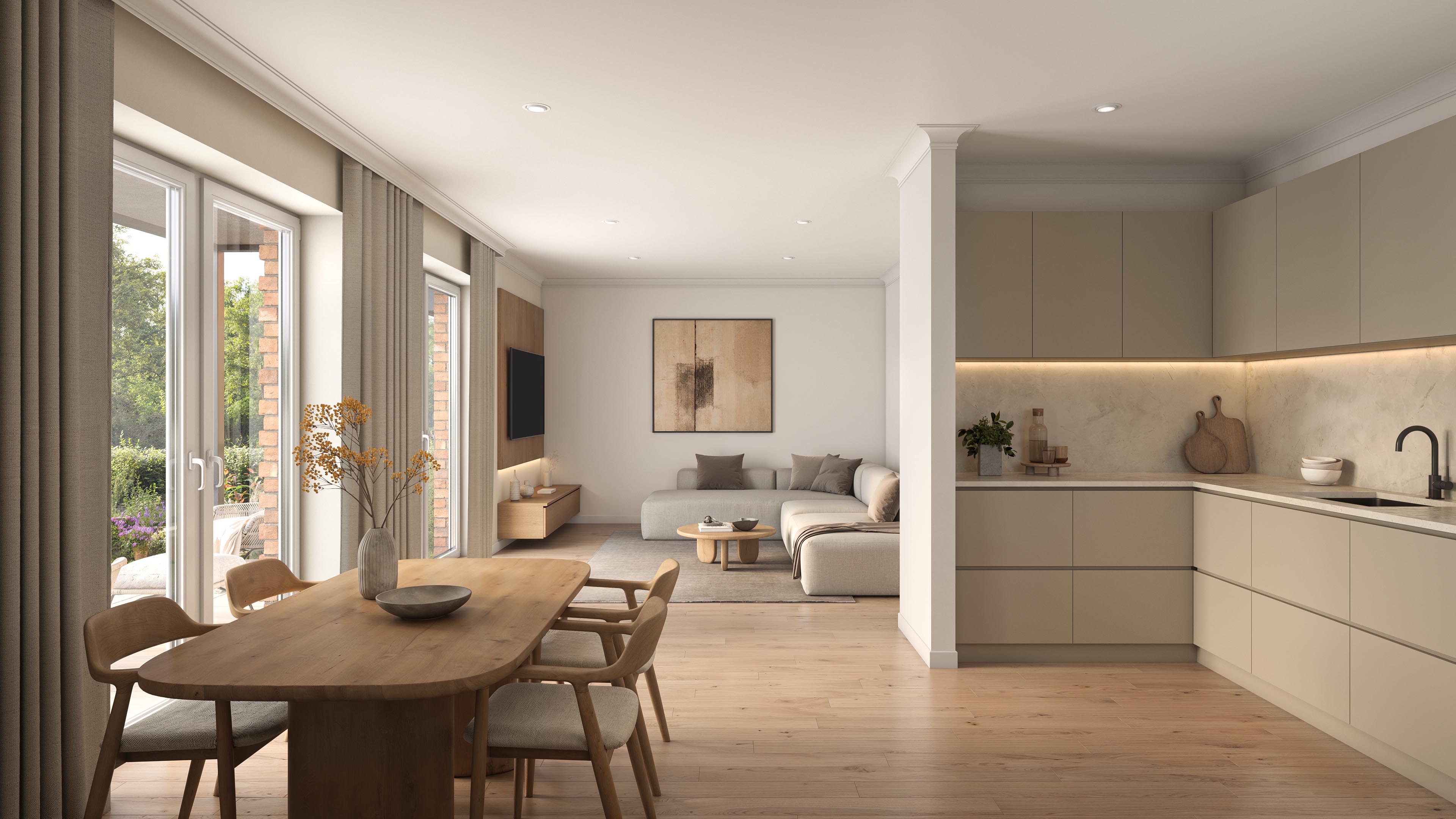 Wohnen am Petersberg interior with a wood dining table, beige kitchen cabinetry, and adjoining lounge