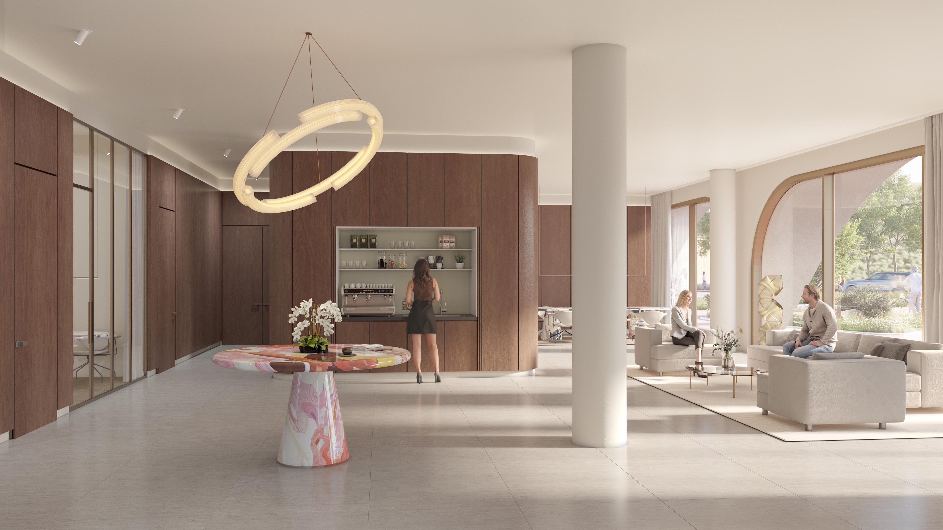 Zuid Zicht lounge with curved wood panelling, an integrated coffee point, and pale seating beside large windows